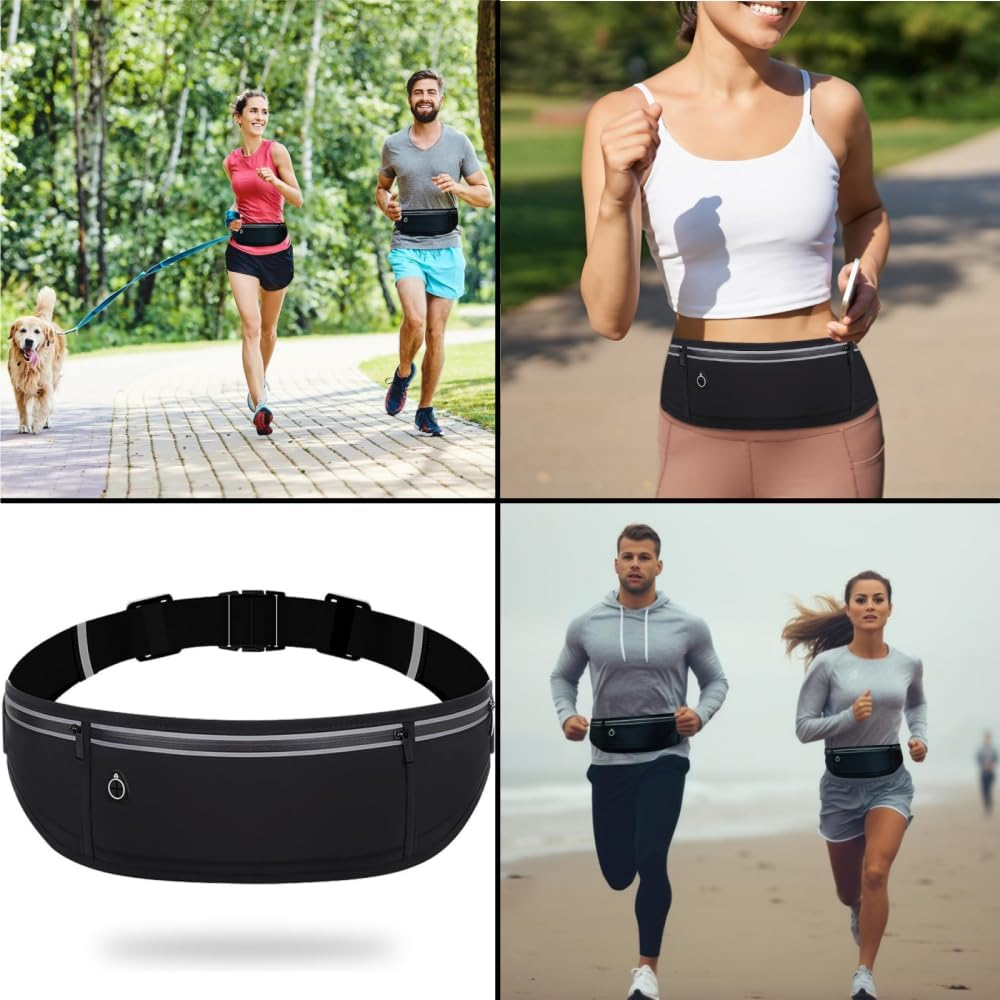 Men'S and Women'S Waist Belts, 3-Pocket Adjustable Reflective Waist Belt, Runner'S Wallet Belt, Suitable for Fitness, Cycling, Walking, Traveling and Outdoor Activities (Black) image number 2