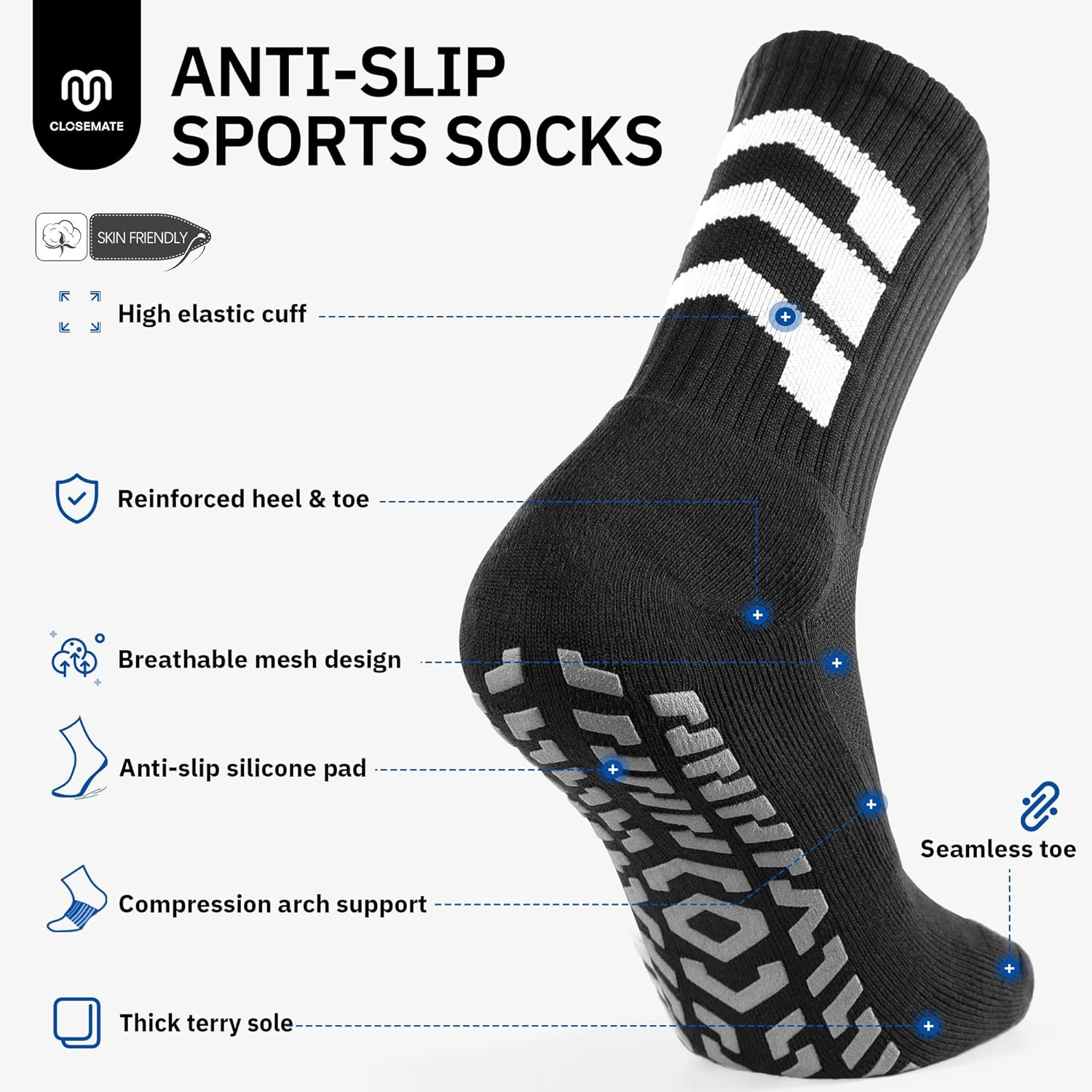CLOSEMATE 3 Pairs Mens Grip Socks Athletic Cushioned anti Slip for Soccer Football Yoga