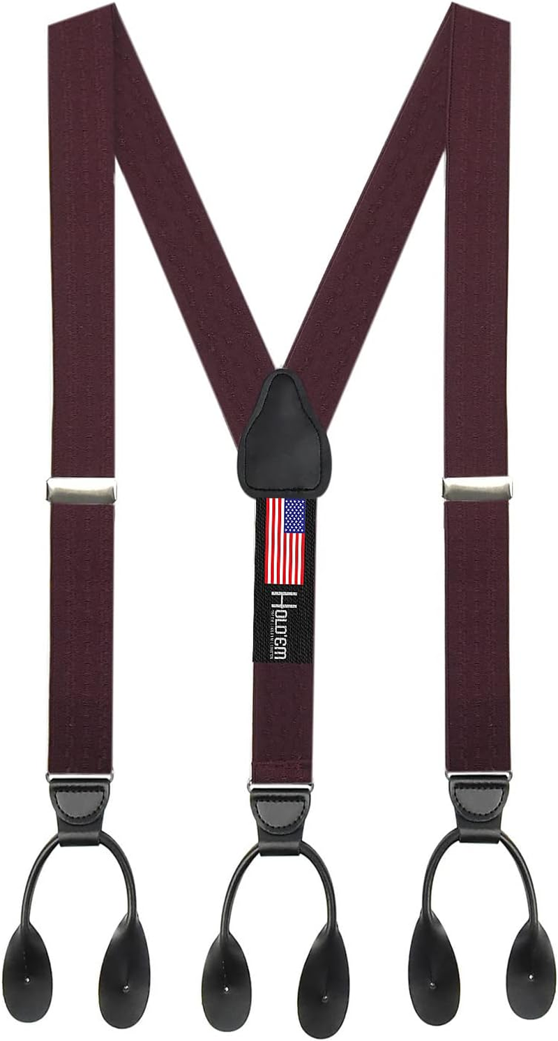 Hold'Em 1 &frac14; Fancy Stripes and Solid Suspenders for Men - Y-Back Adjustable Leather Trimmed Button End