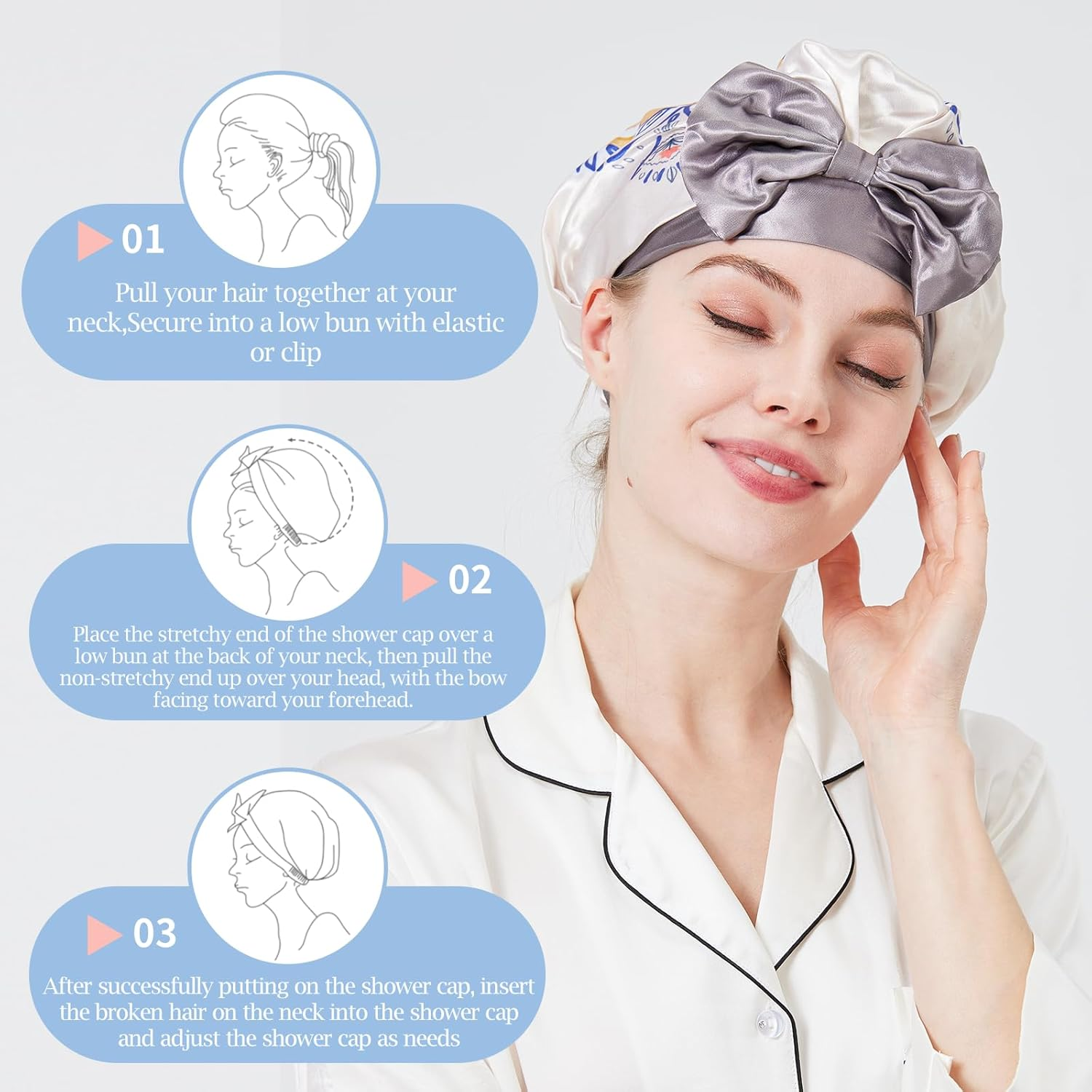 LONGDON HOMEONE EVA Plastic Large Shower Cap,Bowknot Shower Caps for Women Reusable Waterproof,Satin Bonnet,1 Pack. (Cat) - Bee image number 6