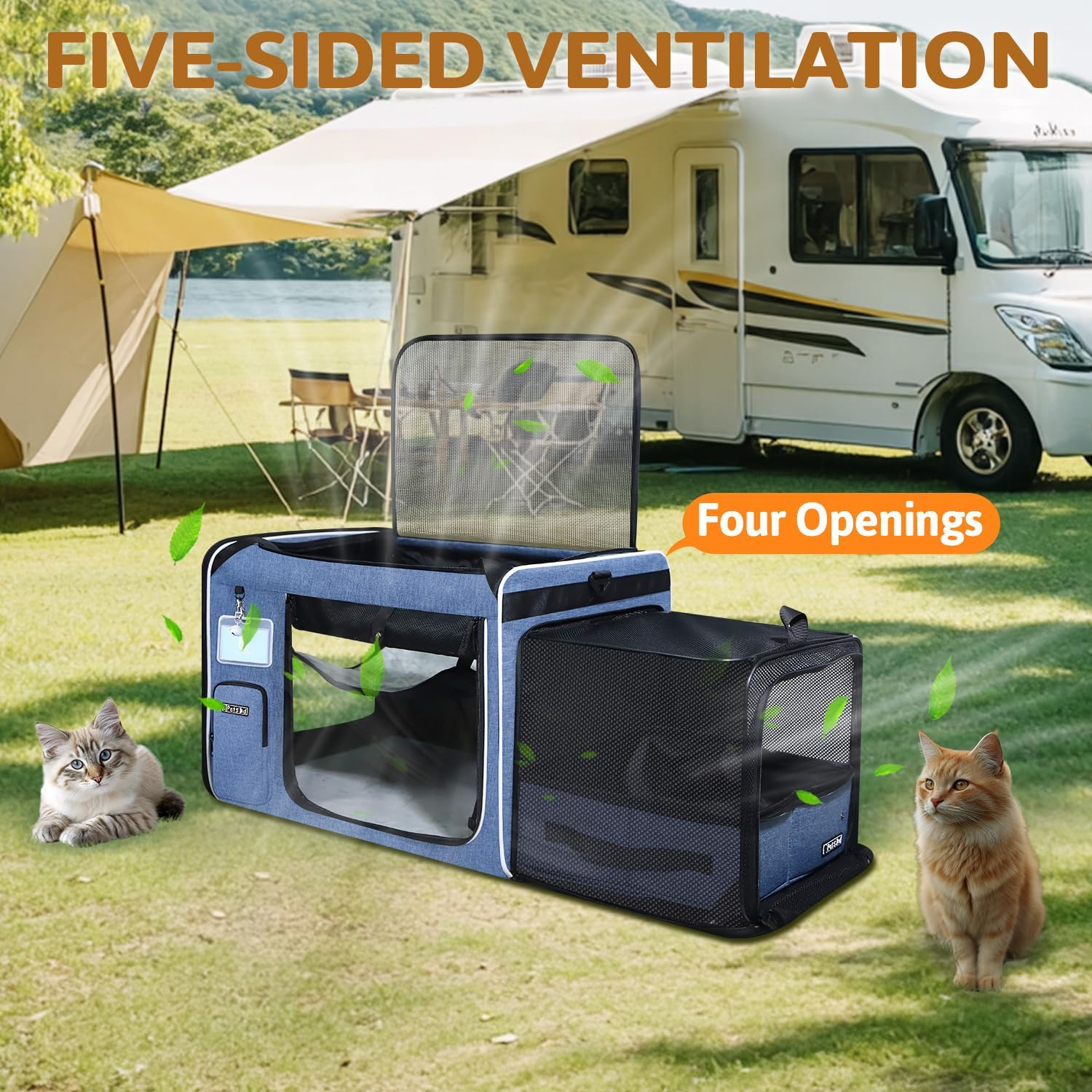 Petskd Side Expandable Extra Large Cat Carrier with Litter Box Area for Long Distance Car Travel,24"X17"X17" Collapsible Soft-Sided Large Pet Carrier with Zipper Locks for 2 Cats under 55Lbs(Blue) - Blue image number 2