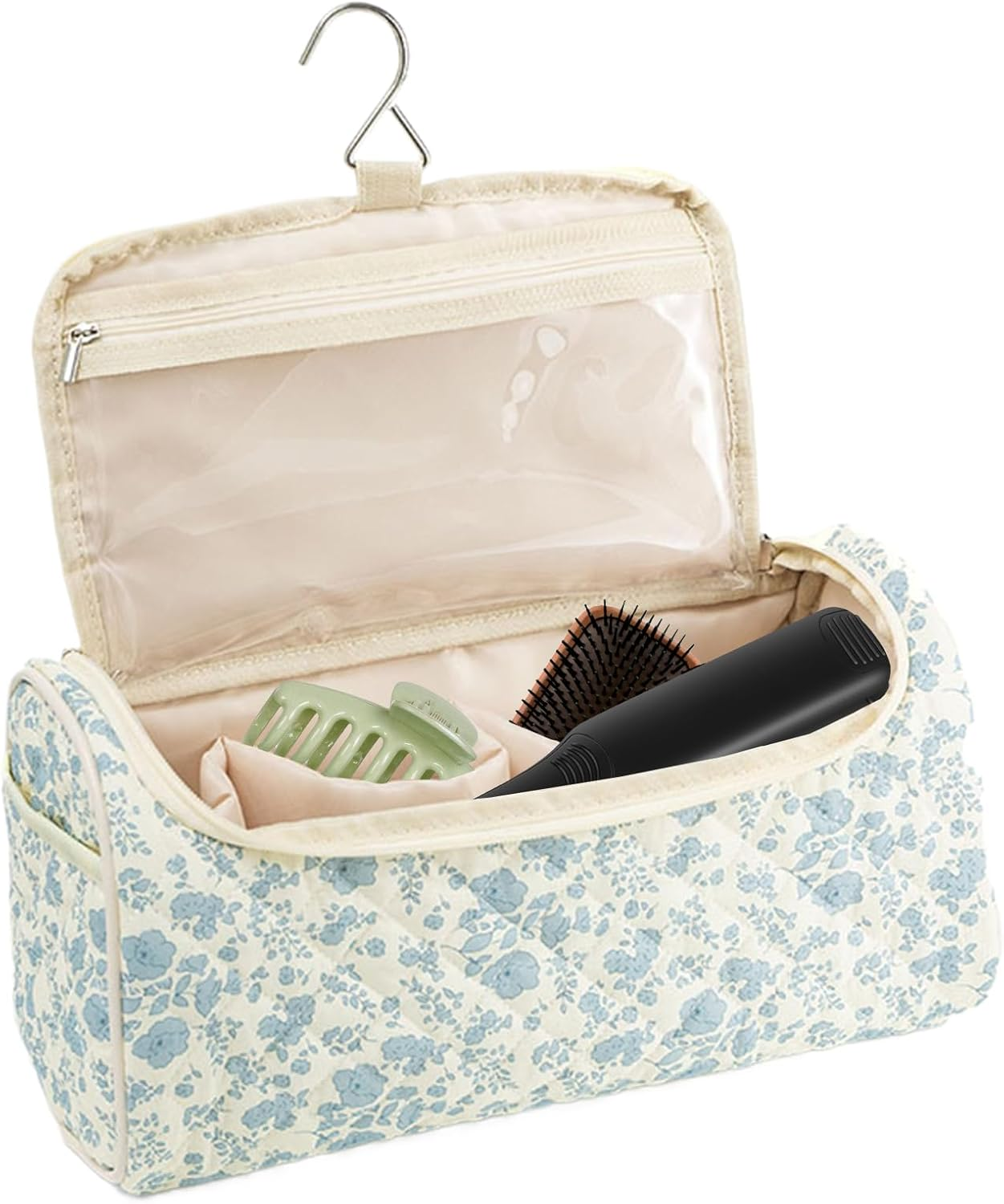 Quilted Hair Tool Travel Bag, Cute Portable Organizer Case with Hanging Hook, Makeup Bag, Cotton Hair Tool Bags for Travel, for Brush Straightener Curler Cosmetics