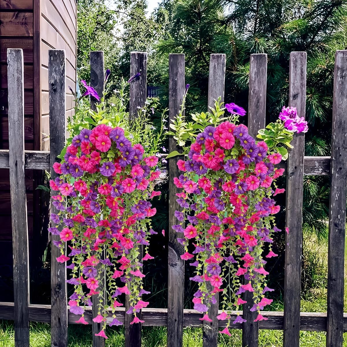 4 Pack Artificial Hanging Flowers, Fake Flower Morning Glory with Eucalyptus Leaves for Spring Summer Decoration, UV Resistant Look Real for Outdoor Home Indoor Planter Porch Patio Balcony Yard Decor image number 6