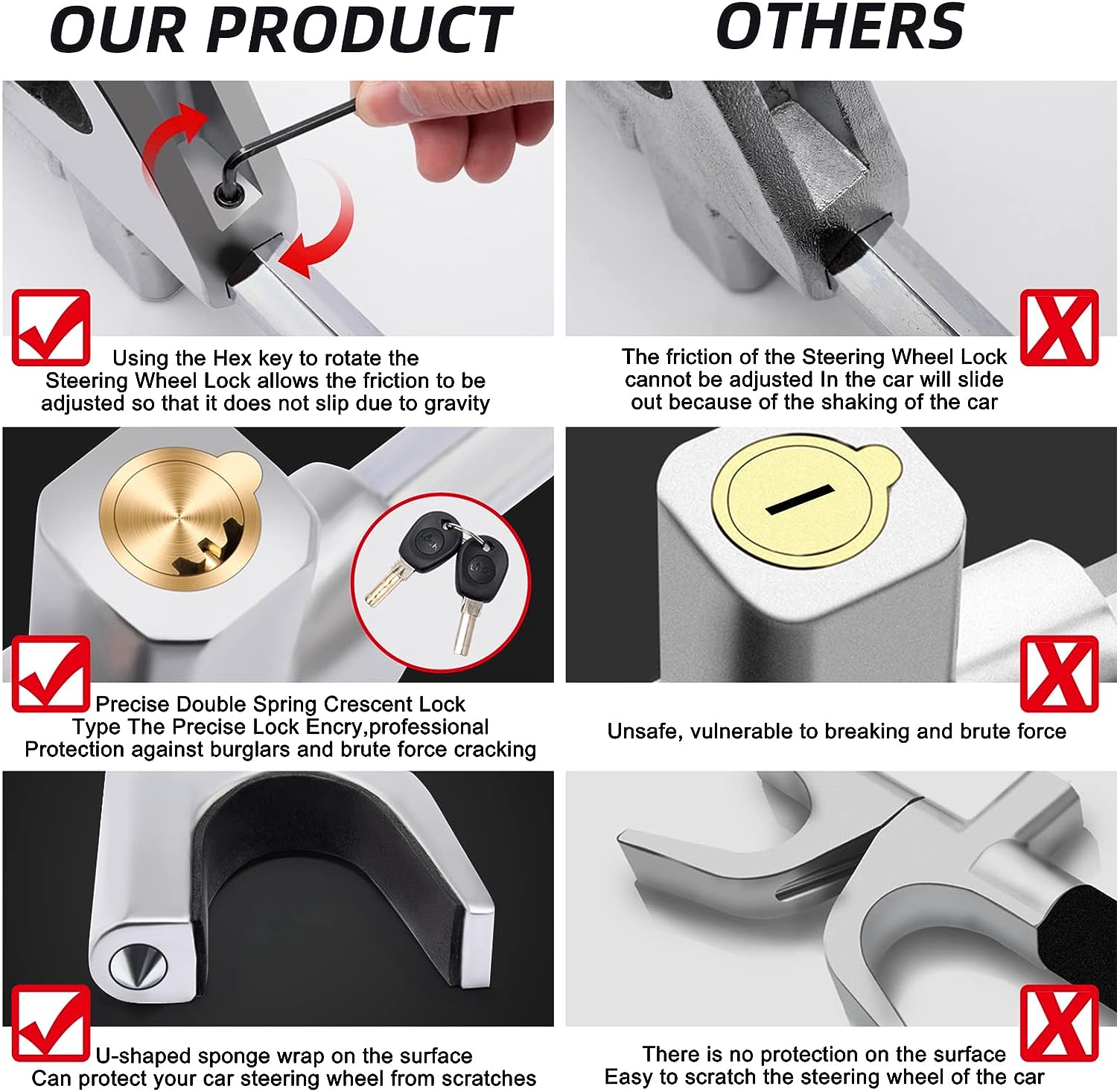 4-In-1 Steering Wheel Lock with Flashlight/Sos LED Ligth,Seat Belt Cutter,Escape Hammer,2 Keys Retractable Steering Lock,Vehicle Anti-Theft Lock，Universal for Auto/Truck/Suv/Van Black image number 5