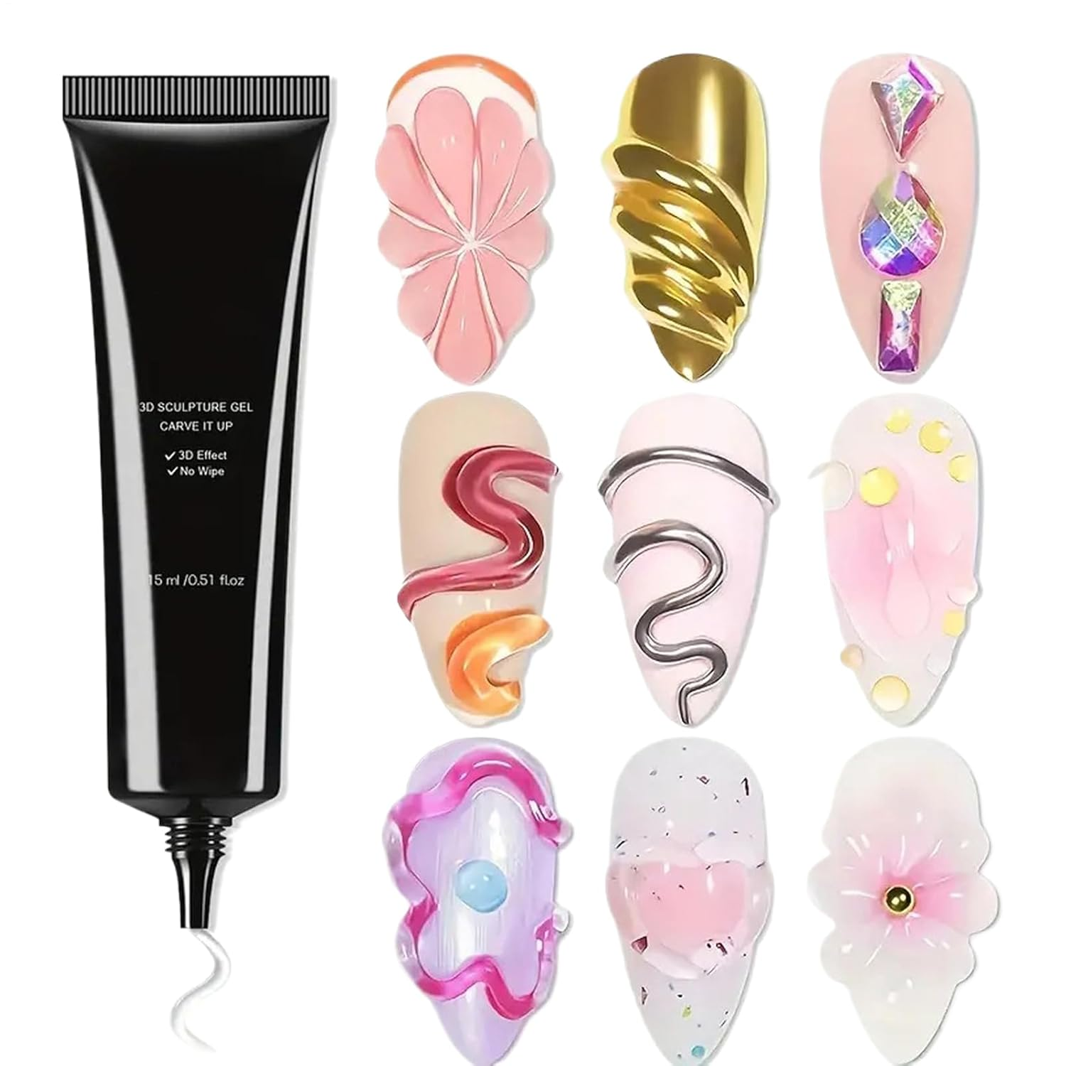 3D Nail Gel, 15Ml Super Strong Gel Nail Glue for Decorations, Beauty Care Products for Rhinestone Gems Decals Decoration Sculpture Home Party Charm Salon Daily Holiday