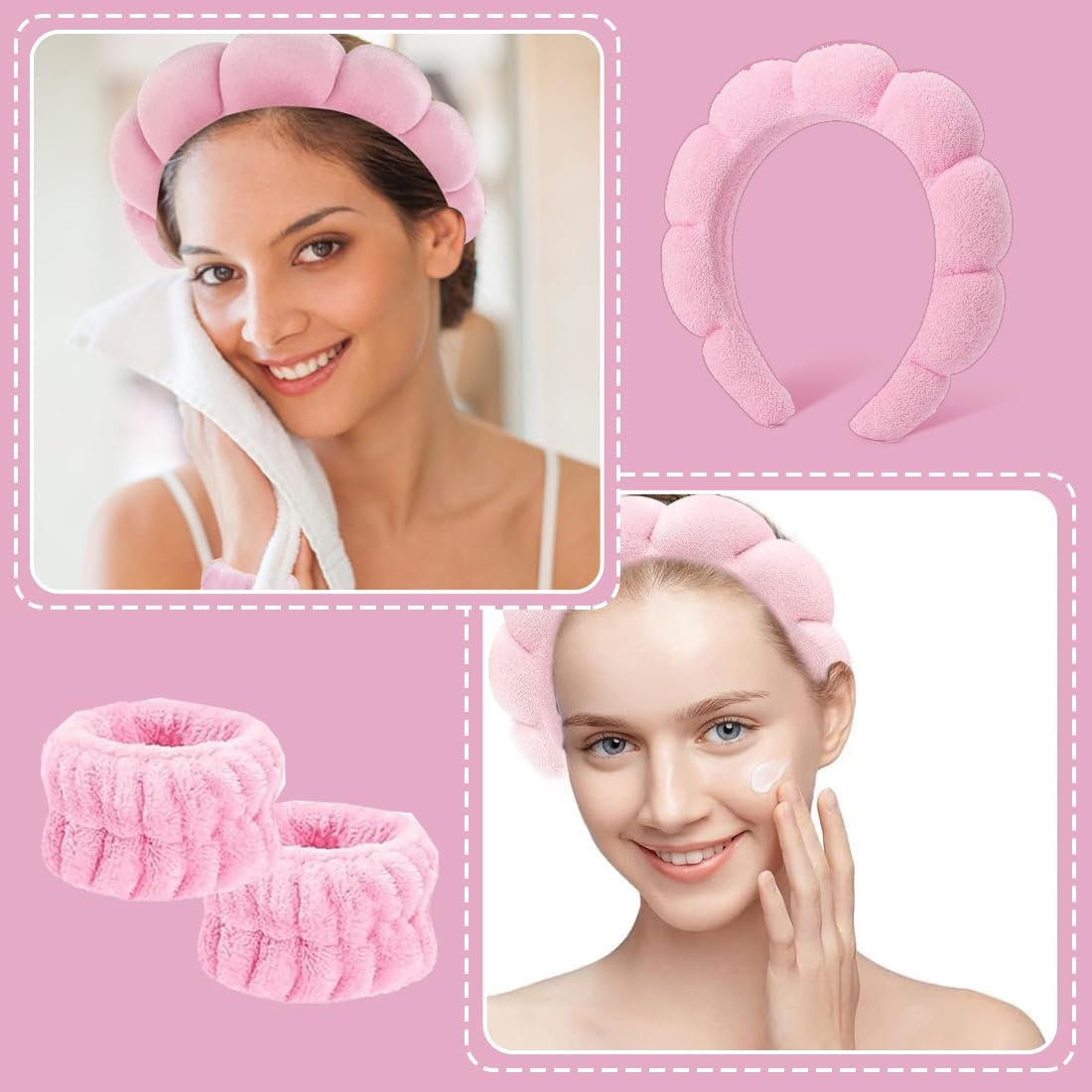 JRYXDS Spa Headband for Washing Face Wristband Set Soft Sponge Skin Care Headband Hair Accessories for Washing Face Make up Remover Shower Skin Care (Pink) image number 1