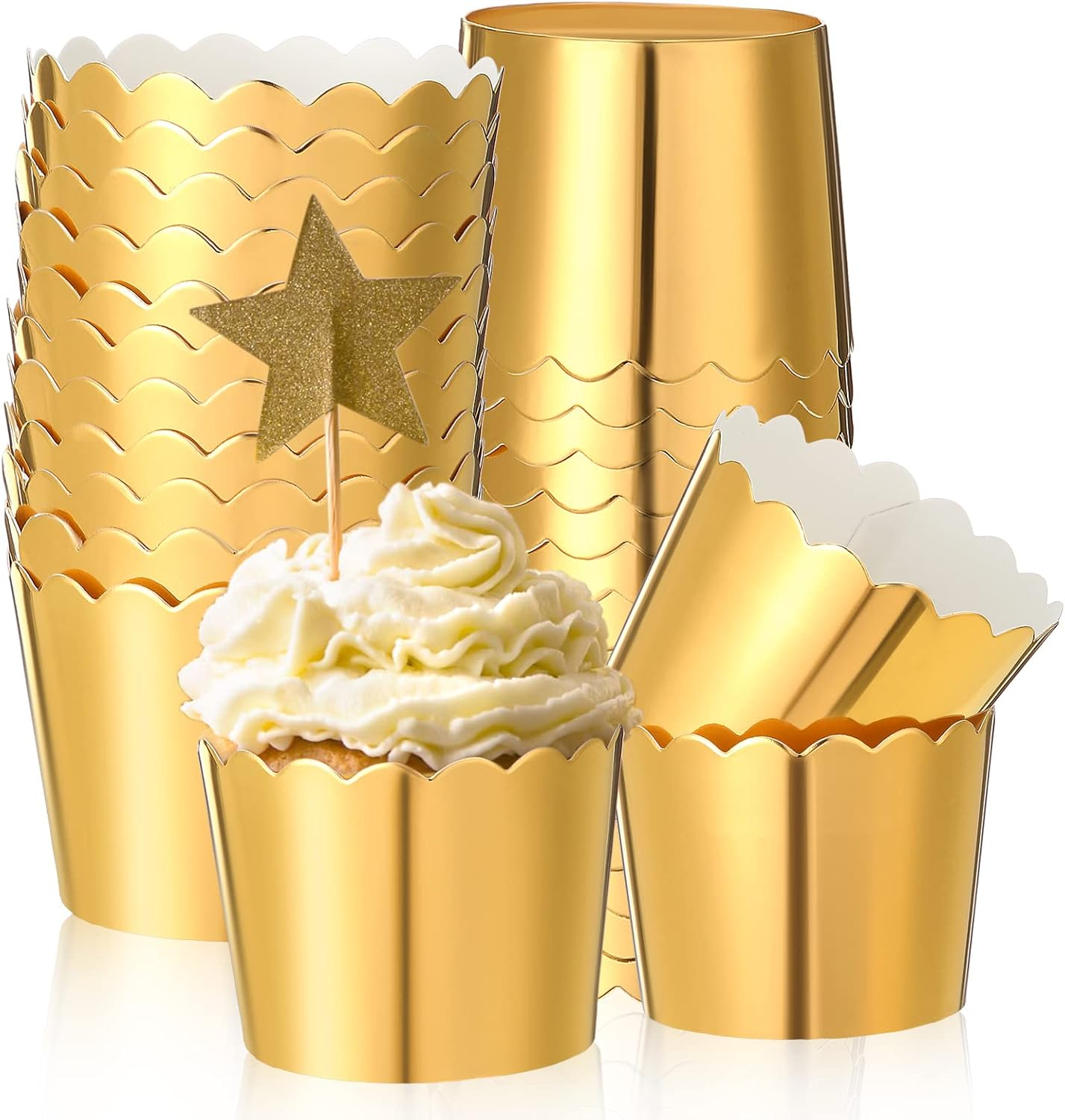 Meanplan 100 Pcs Foil Cupcake Liners Sturdy Muffin Baking Cups Cupcake Wrappers for Christmas Wedding Birthday Party Decoration, 1.97 X 1.77 Inch (Gold)