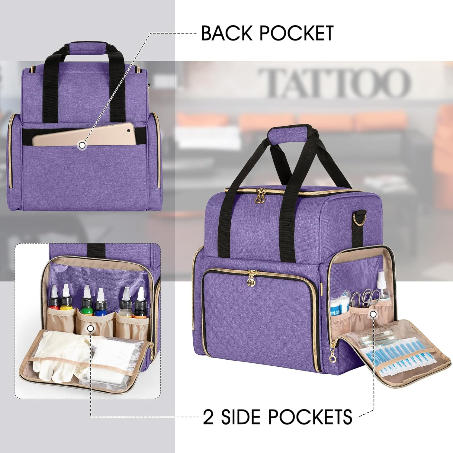 LUXJA Large Tattoo Travel Case with 3 Removable Pouches, Tattoo Supplies Organizer for Tattoo Stencil Printer and Tattoo Kit, Purple - Gray image number 6