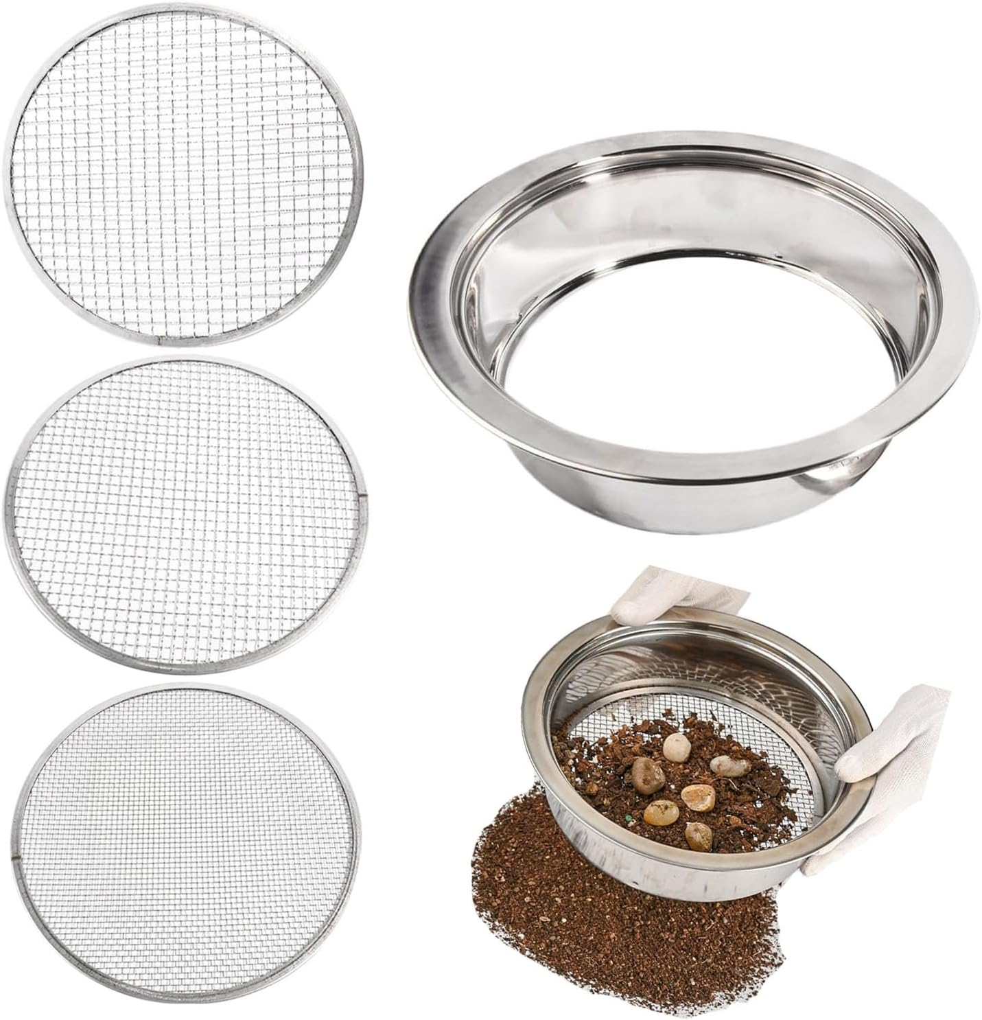 Garden Sieve Soil Sifter Removable Garden Sieve 9.4" Dia Stainless Steel Soil Sieve with 3 Sieve Mesh Filter 0.043"/0.133"/0.204" Sand Sifter for Sifting Soil Stones Compost Soil Sifter image number 2