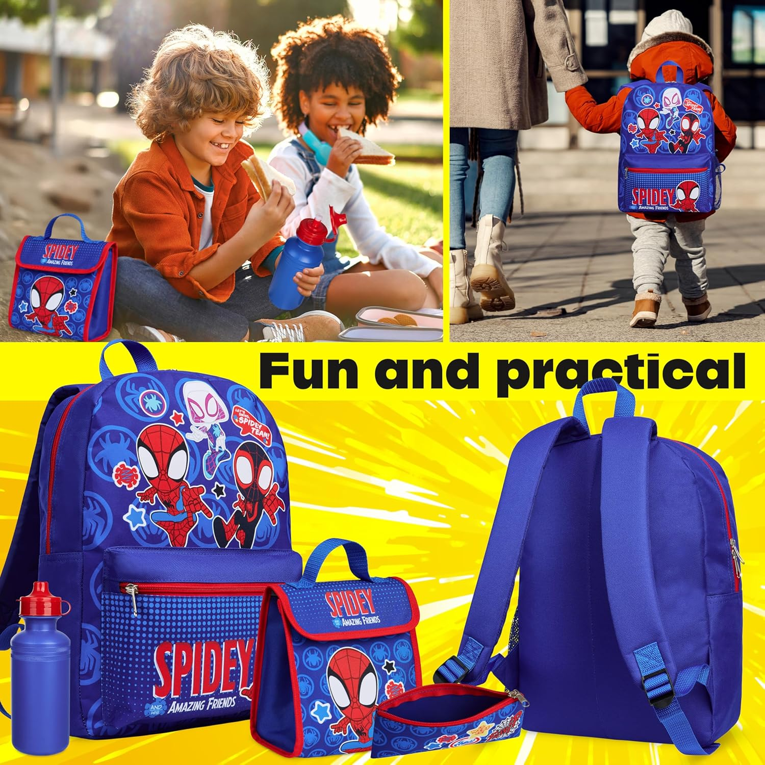Marvel Spiderman Backpack Set 4 Pcs Water Bottle Pencil Case Lunch Bag or Wallet Keyring Travel School School Supplies, Blue, One Size, Spidey image number 5