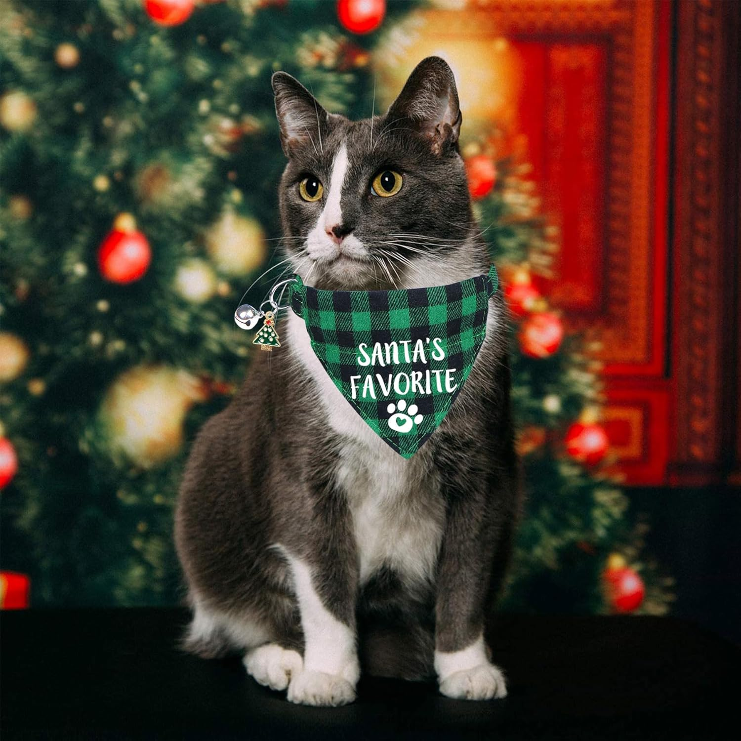 STMK 2 Pack Christmas Cat Bandana Collar with Bell, Breakaway Holiday Cat Kitten Bandana Collar with Bell Santa Christmas Tree for Christmas Cats Costumes Outfits (Merry Meowmas & Santa'S Favorite) image number 3