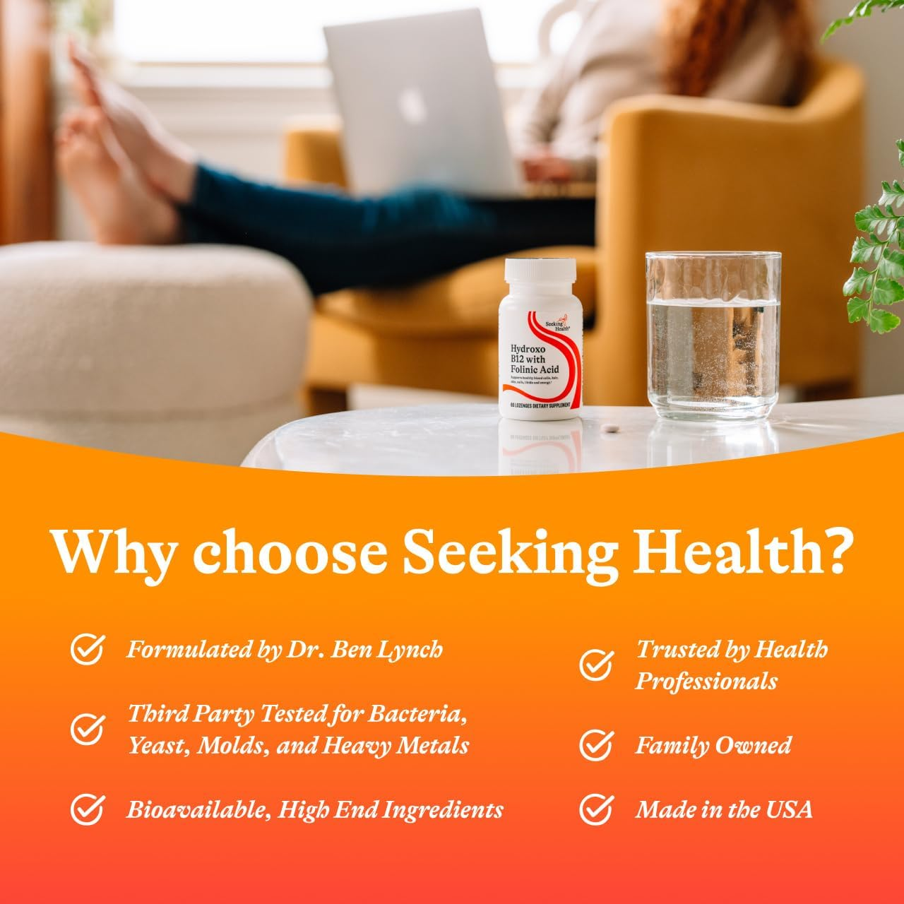 Seeking Health | Hydroxo Vitamin B12 with Folinic Acid | 60 Vegan Lozenges | 1000 Mcg Vitamin B12 and 800 Mcg DFE Folate image number 1