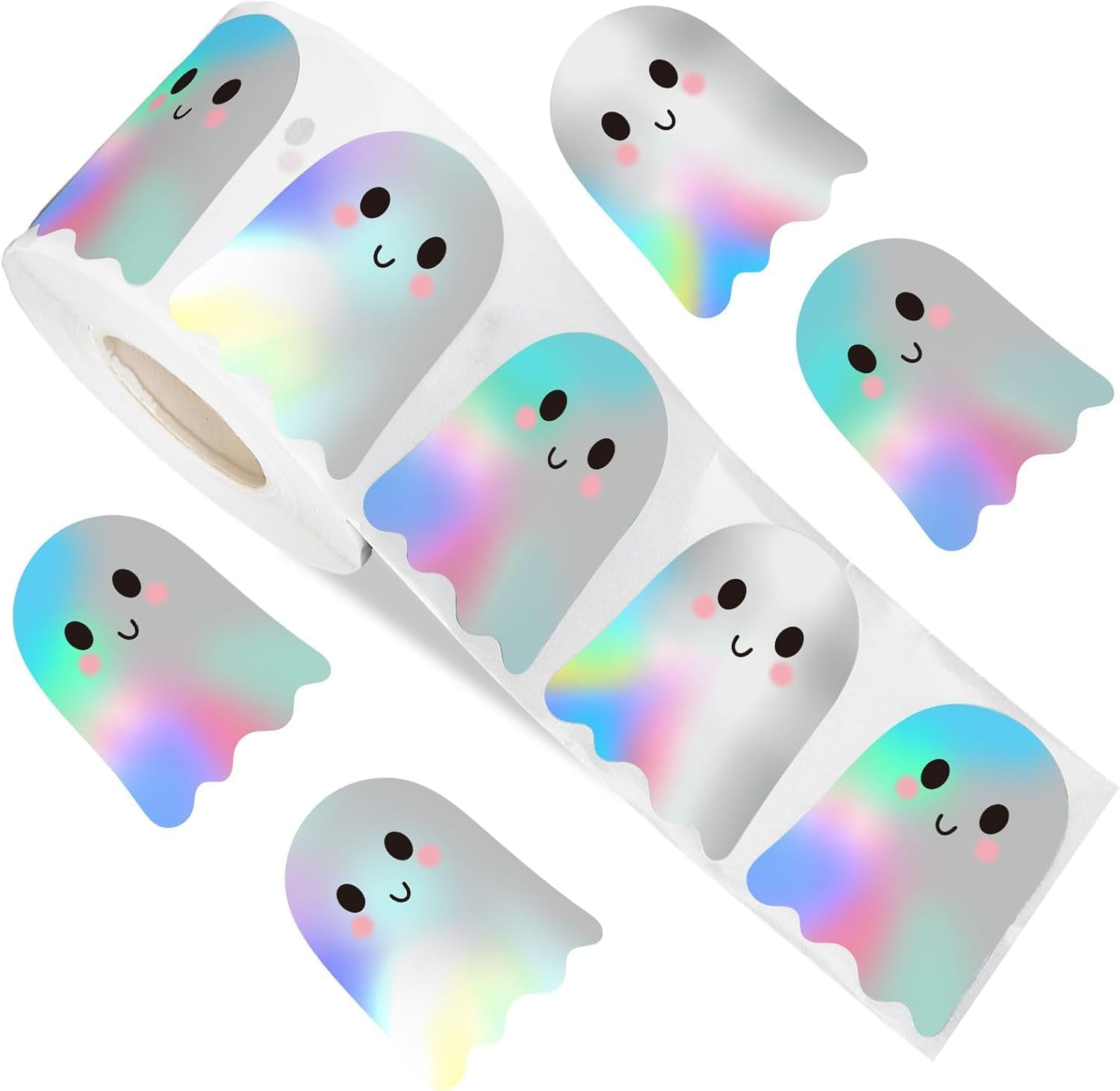 500Pcs Halloween Pholographic Ghost Stickers Rolls, 1.2" Laser Cute Boo Ghost Self-Adhesive Stickers,Waterproof Self-Adhesive Sticker Decals for Halloween Party/Gift Decor
