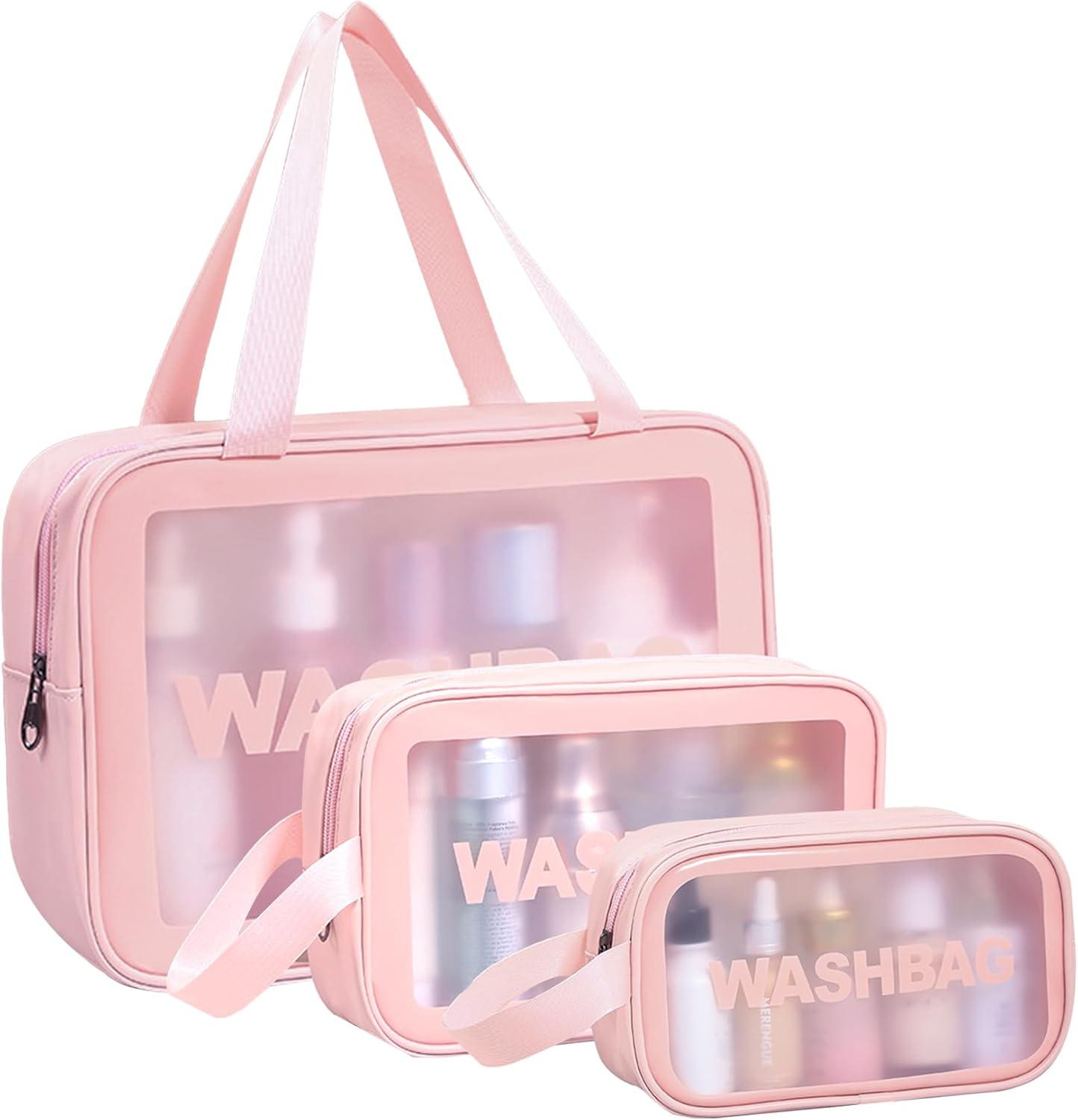 Travel Clear Makeup Bag, Portable Waterproof Cosmetic Organizer Case with Handle for Women, Essential Carry-On Travel Accessories for Toiletries and Brushes (3 Pcs-White)