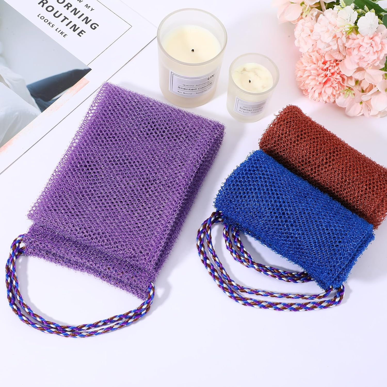 MBAIYO 3 Pieces African Net Sponge with Handles, Authentic African Exfoliating Net Sponge Back Scrubber for Shower, Body Wash Nets Sponges for Bath image number 2