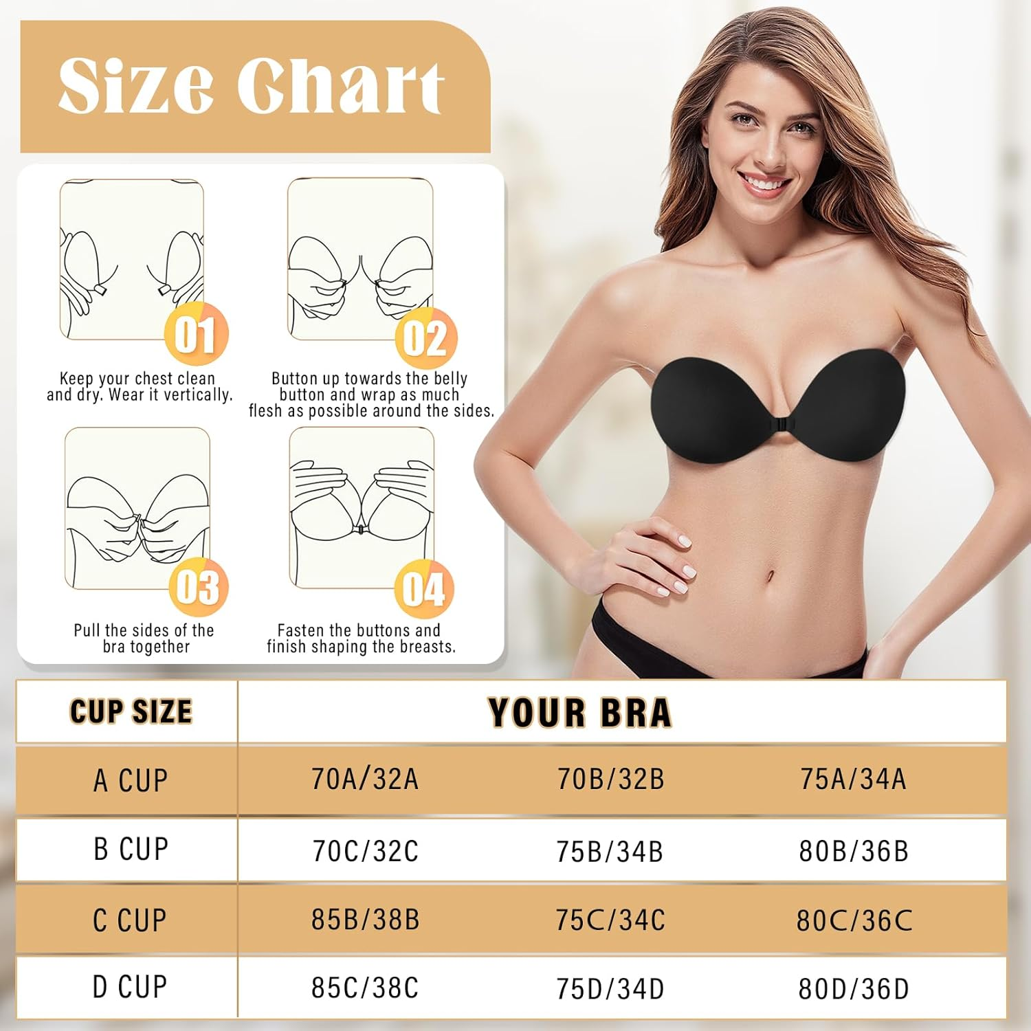 2 Pack Adhesive Push up Bra, Reusable Sticky Bra with Front Clip, Nipple Covers, Strapless Bra for Backless Dresses, Evening Gowns Party Wear image number 2