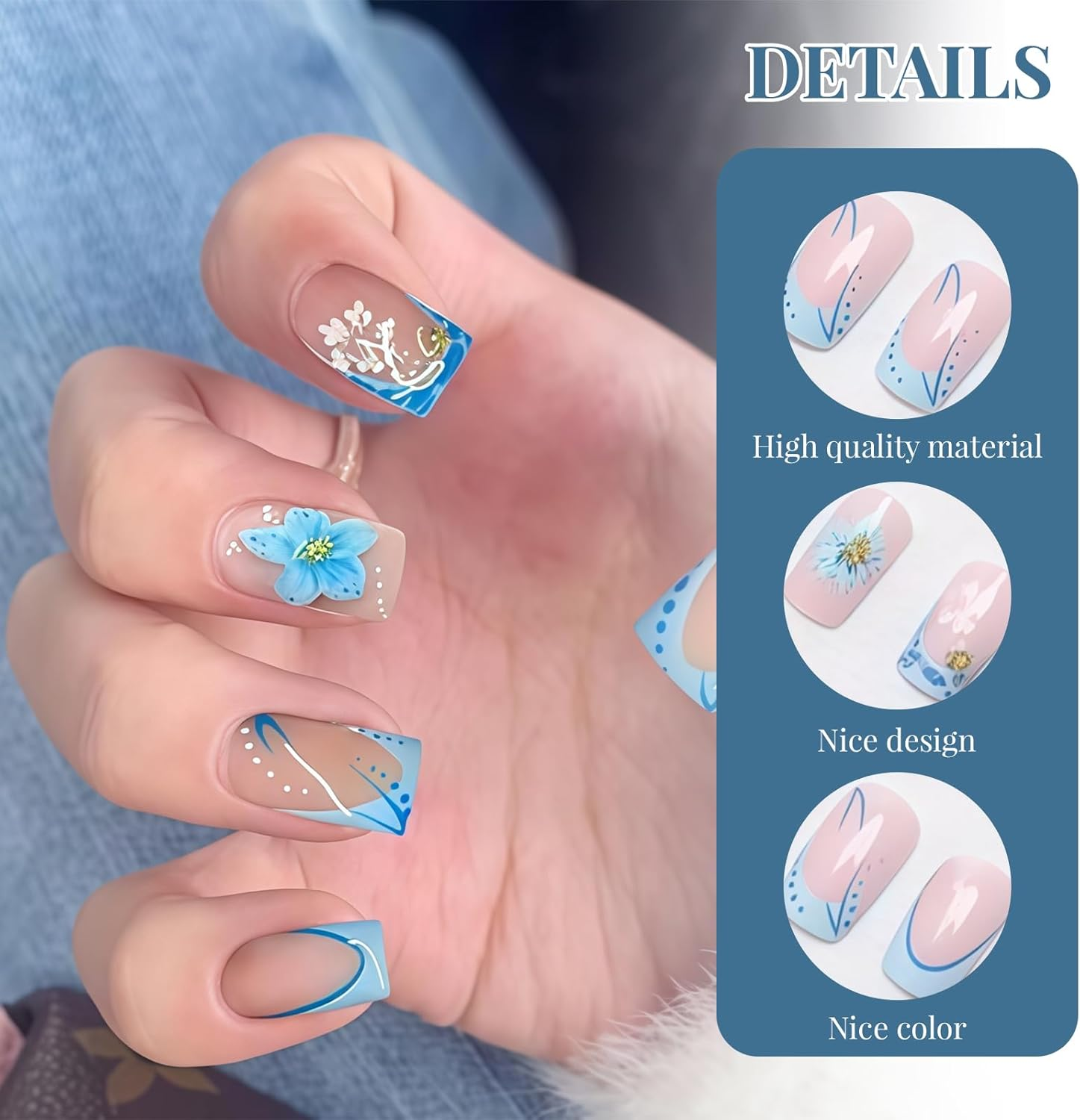 Yamobi Pack of 24 Artificial Blue Flower Nails - Short Square for Women with French Tip and Gold Rhinestone Design for Spring and Summer image number 5