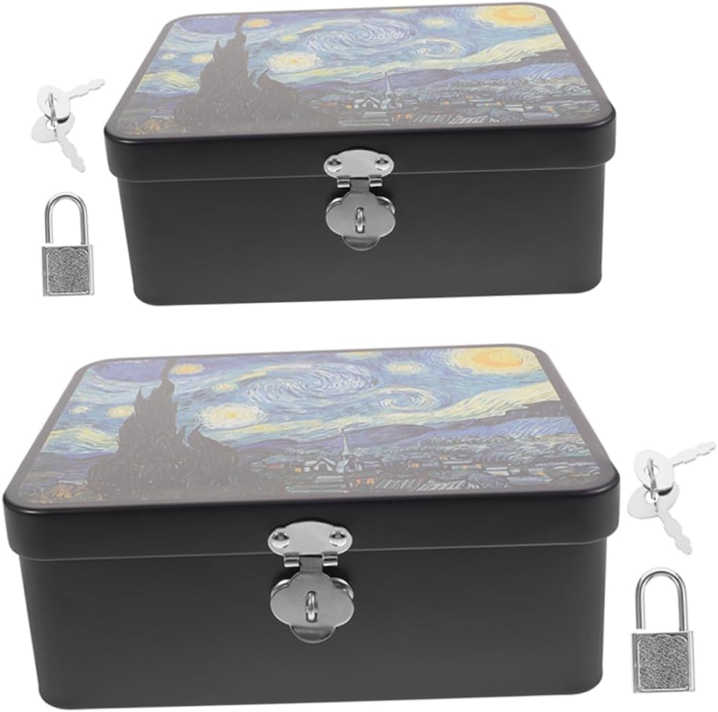 2Pcs Vintage Tinplate Box with Lock Medium Large Jewelry Storage Case Keepsake Organizer for Photos Decorative Treasure Box for Home image number 6