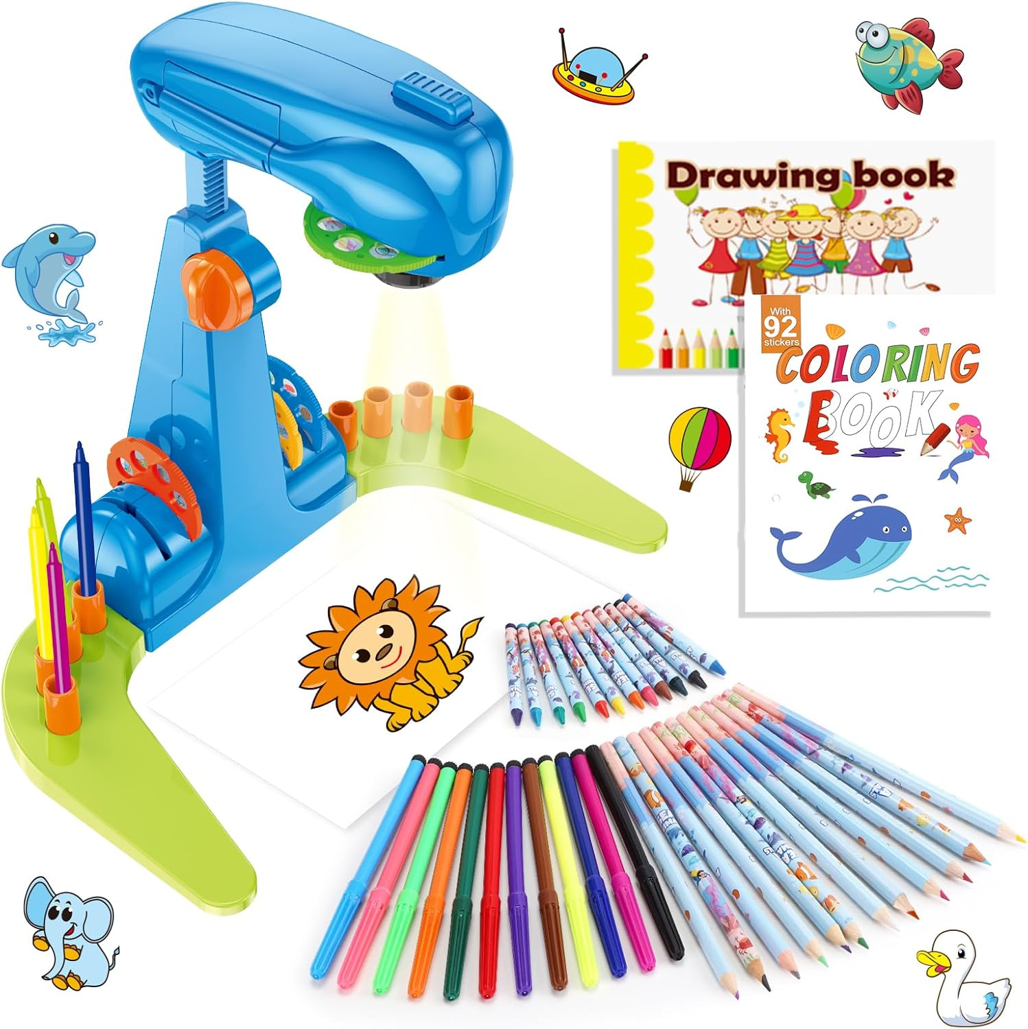 Kids Drawing Projector Kit - Complete Art & Craft Set for Girls Ages 3+ with Crayons, Stencils & Coloring Books (Blue)