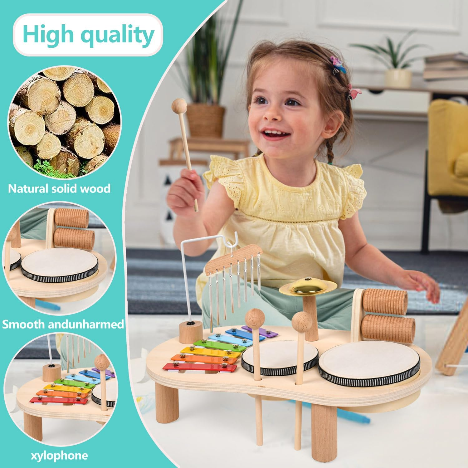 Baby Musical Instruments Toys Kids Drum Set for Toddlers Baby Music Instruments 7 in 1 Montessori Preschool Musical Toys Children Drum Kit Xylophone Tambourine Birthday Gifts for Boys and Girls image number 5