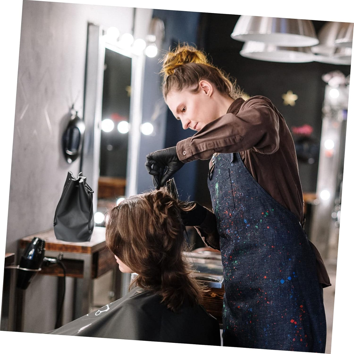 Beaupretty Pu Leather Hair Dryer Storage Bag Hanging Hook Hair Curler and Straightener Organizer Travel Carrying Case Black image number 4