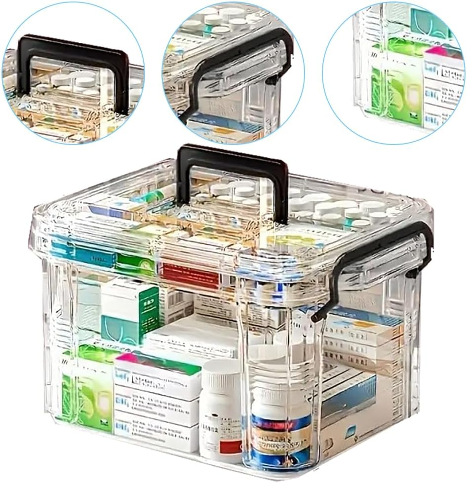 TOMVAES Large Capacity Medical Box, Transparent Pharmacyl Case with Handle, Portable Medicine Chest-Sealed, Lockable for Home and Travel