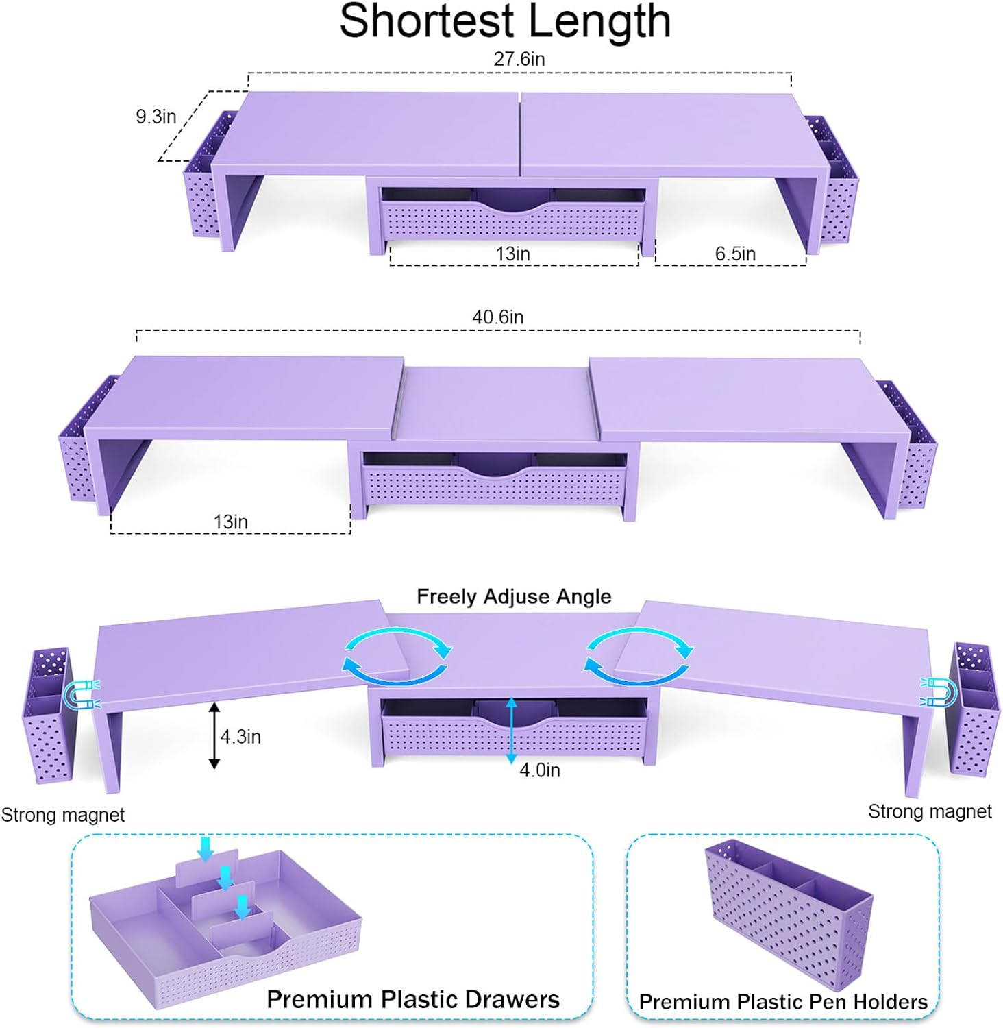 Gianotter Dual Monitor Stand Riser, Desk Organizer with Drawer and 2 Pen Holders, Desk Organizers and Accessories, Purple Office Decor (Purple) - Black image number 2