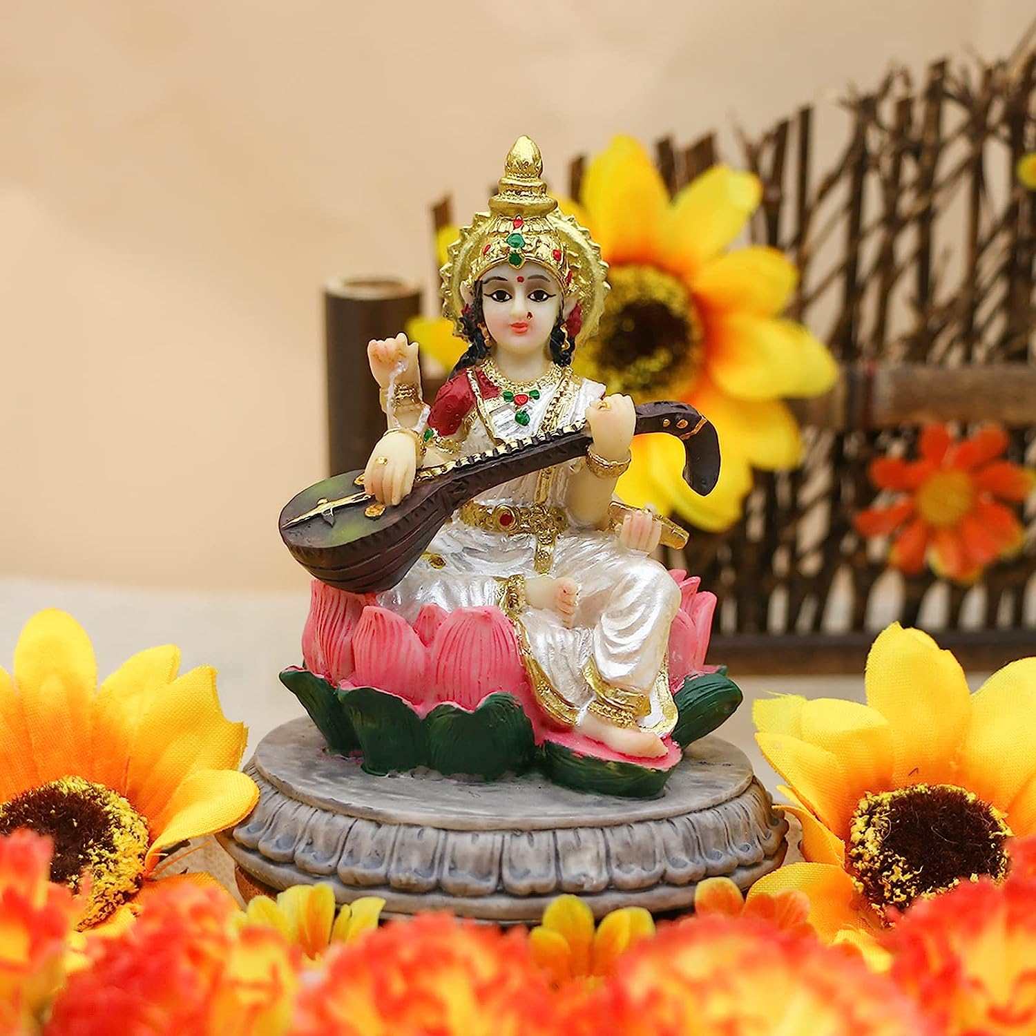 Alikiki Small India Idol Sarawati Statue - 3.9&rdquo;H Hindu Goddess Saraswati Figurine for Car Dashboard Decor Indian Home Office Temple Mandir Pooja Item Diwali Festival Puja Gift image number 1