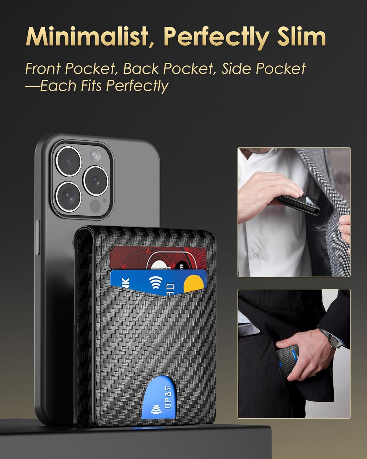 QLD Minimalist Wallet for Men - Slim RFID Blocking Bifold Credit Card Holder Leather Pop up Wallet Aluminum Case with Cash Slot, Front Pocket with ID Window, Gift Boxed, Carbon Fiber, Minimalist - Carbon Fiber image number 2