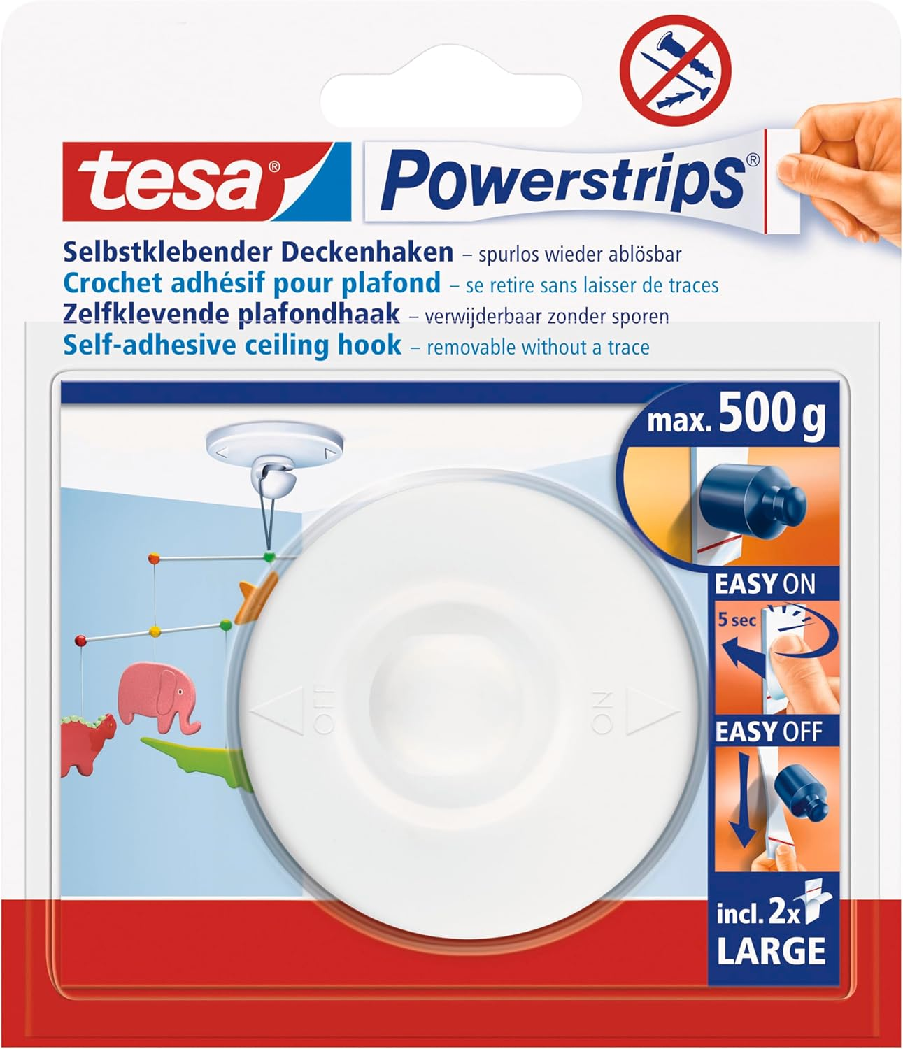 Tesa Powerstrips Ceiling Hook - Self-Adhesive Rotating Hook in White for Hanging Ceiling Decoration - with Tesa Powerstrips Large - up to 500 G Holding Capacity image number 1