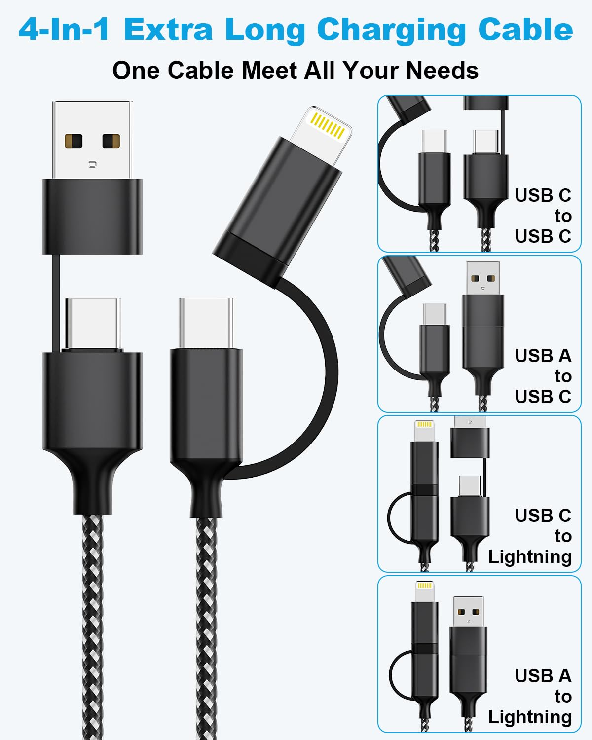 5M Extra Long Iphone Charger Cord, 60W USB-C and Lightning 2-In-1 Cable, Long Braided USB-C Fast Charging Cable for Iphone 17/16/15/14 Pro/Pro Max, Macbook, Ipad (Black, 5M) image number 4