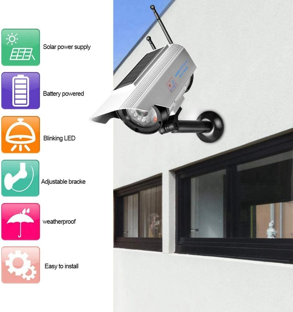 Dummy Fake Surveillance Security Camera,Solar Power LED Fake Camera Outdoor Silver Dummy Camera with Solar Light for Home Business Outdoor image number 2