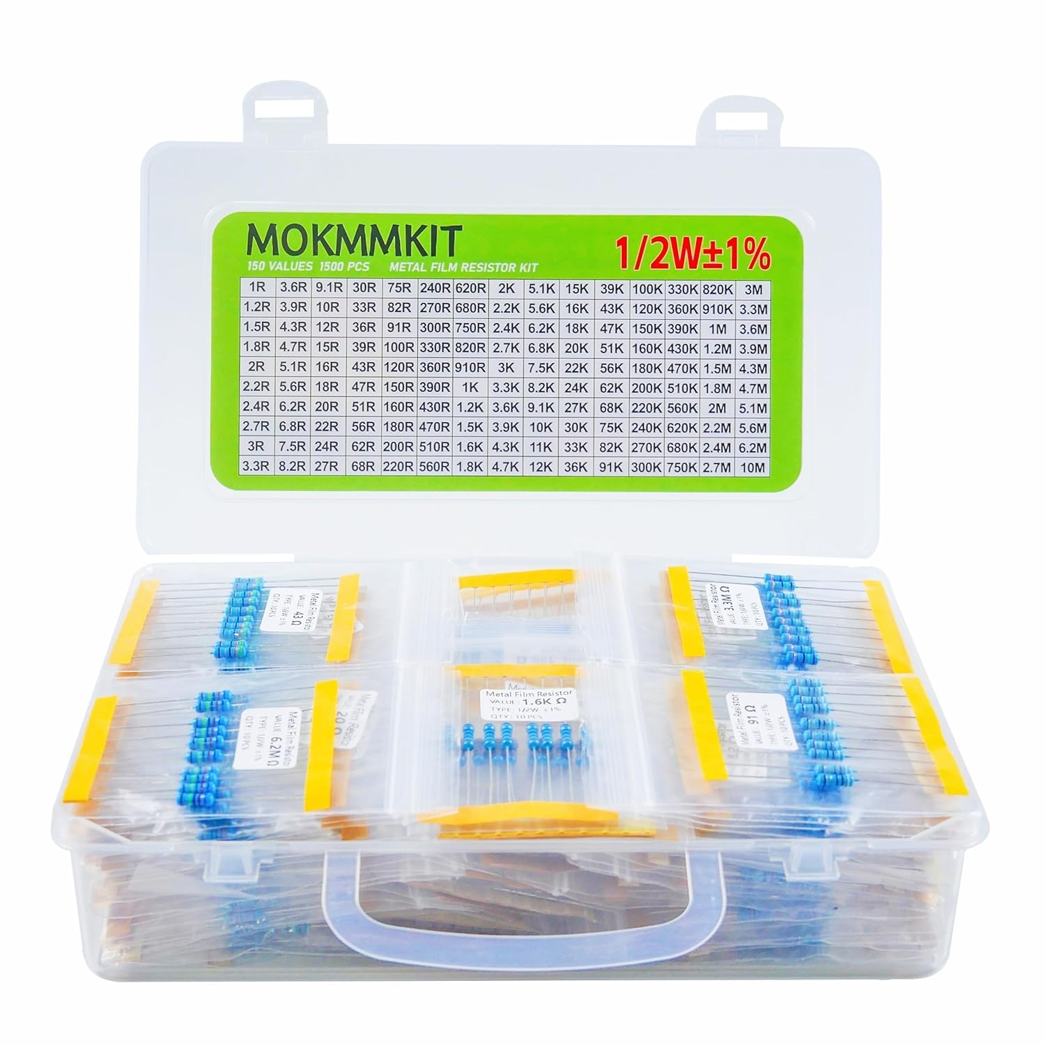 150 Values 1500 Piece Resistor Kit 1/2W &plusmn;1%, 1 Ohm -10M Ohm Metal Film Resistor Assortment Kit image number 2