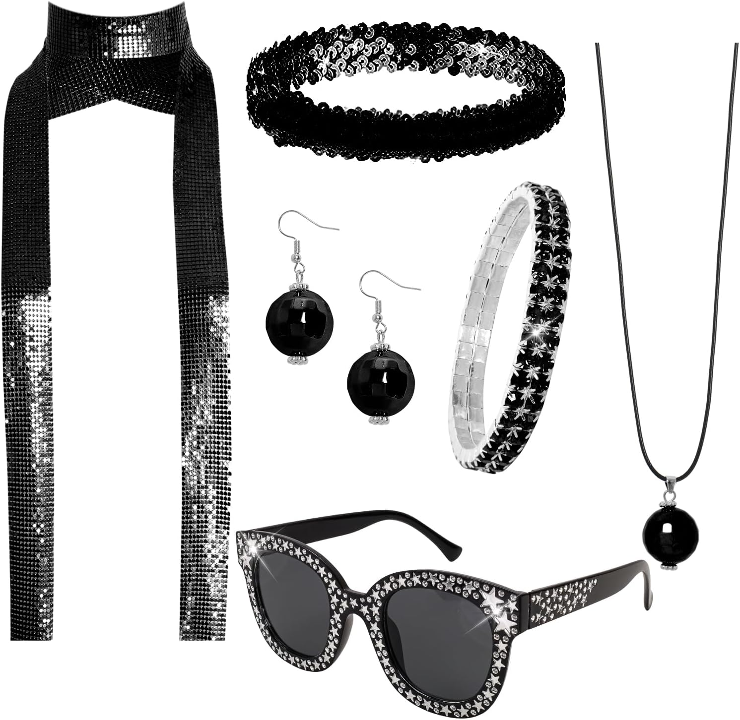 6 Pcs 70S Women Disco Accessories Disco Costume Jewelry Disco Sequin Scarf Headband Diamond Bracelet Ball Necklace Earring Glasses(Gold)