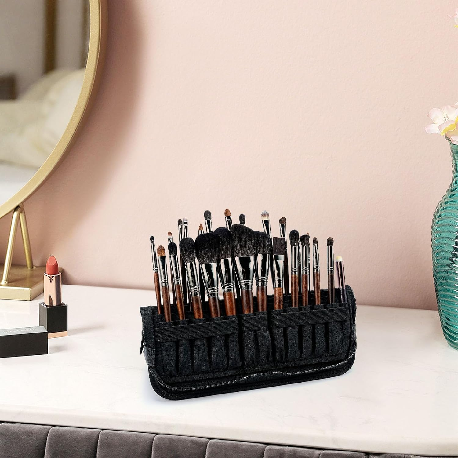 Black Travel Makeup Brush Holder,Waterproof Stand-Up Makeup Brushes Organizer, Portable Makeup Brush Holder Travel Case (BAG-876) image number 5