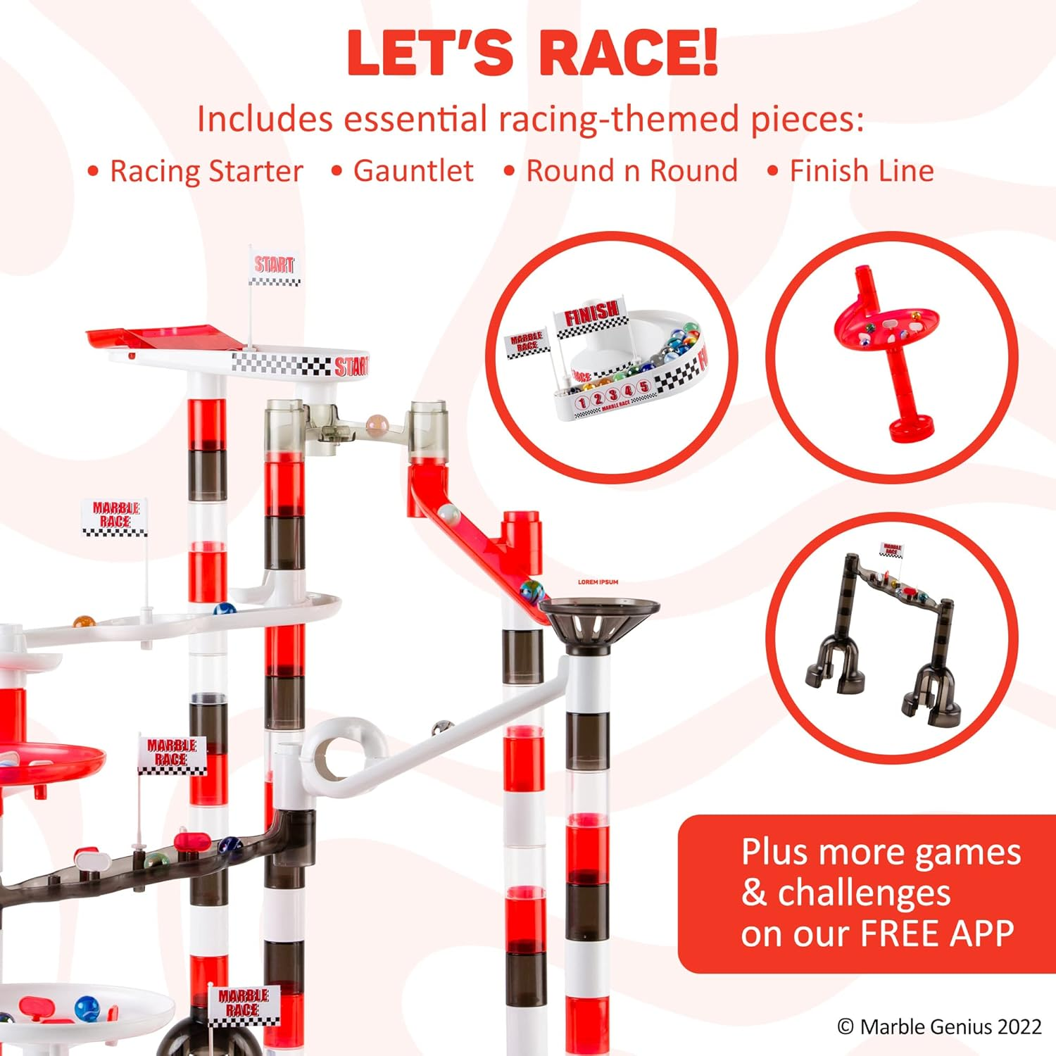 Marble Genius Marble Run Racing Set (125 Pieces) with Designer Marbles, Racing Action Pieces, & Tournament Board image number 2