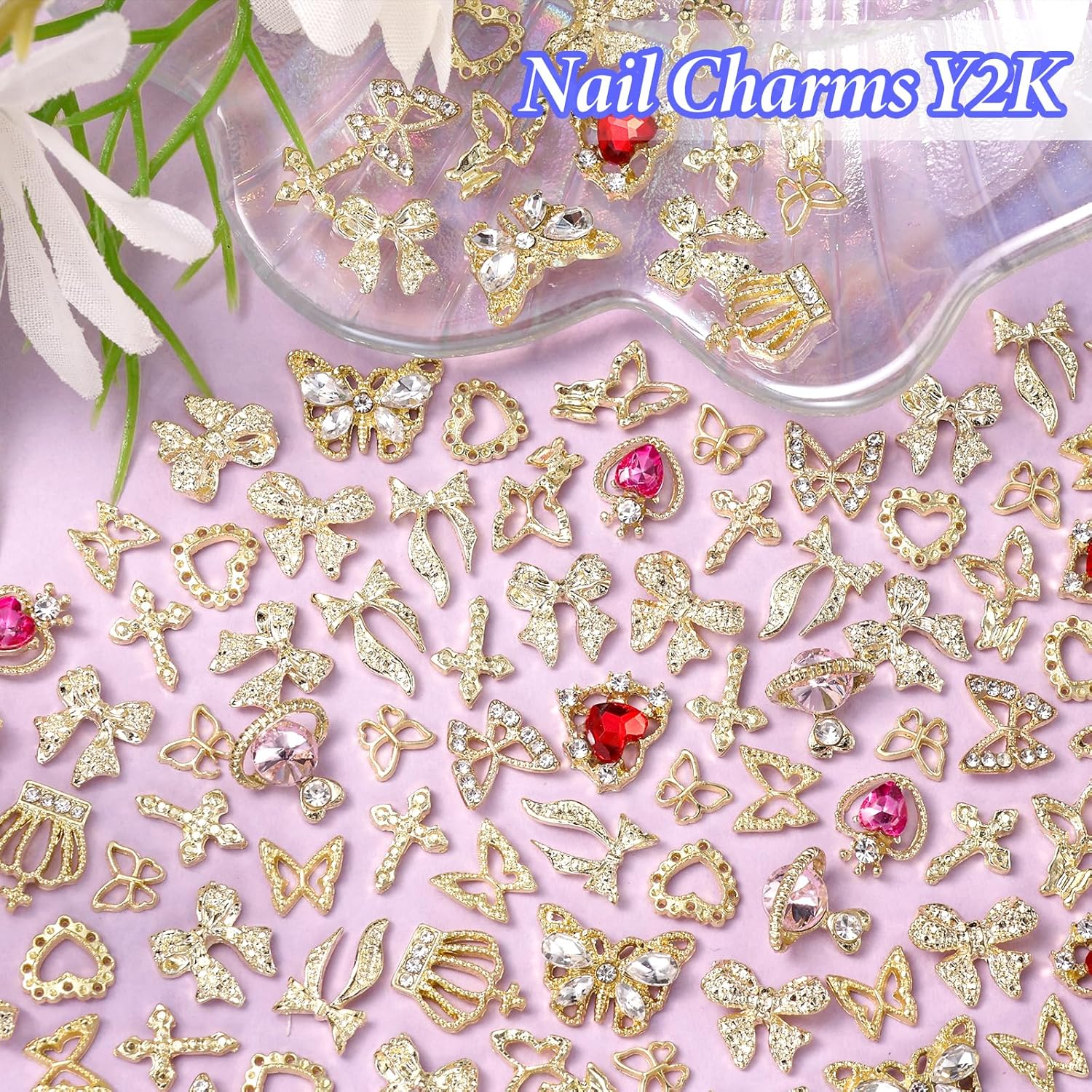 110 Pcs Gold Nail Charms and Gems Y2K, 3D Butterfly Heart Nail Gems, Planet Crown Nail Art Jewels, Cross Bows Charms for Alloy Nails Art Design DIY Accessories - Color-S5 image number 2