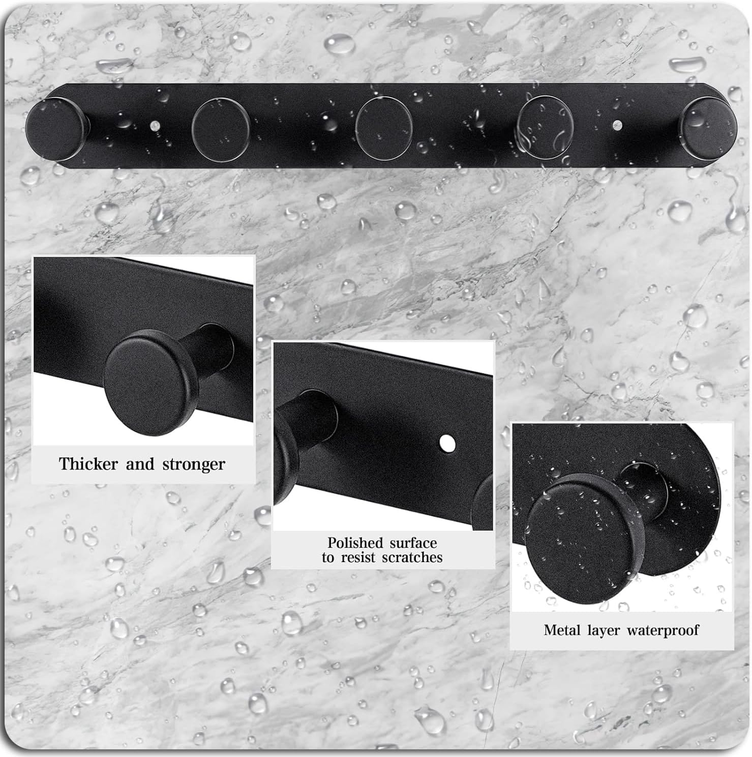 YUNYU Heavy-Duty Stainless Steel Coat Hooks - Self Adhesive No-Drill Wall Mounted, Black Door Hooks with 5 Hangers for Bathroom, Bedroom & Kitchen Storage Organisation