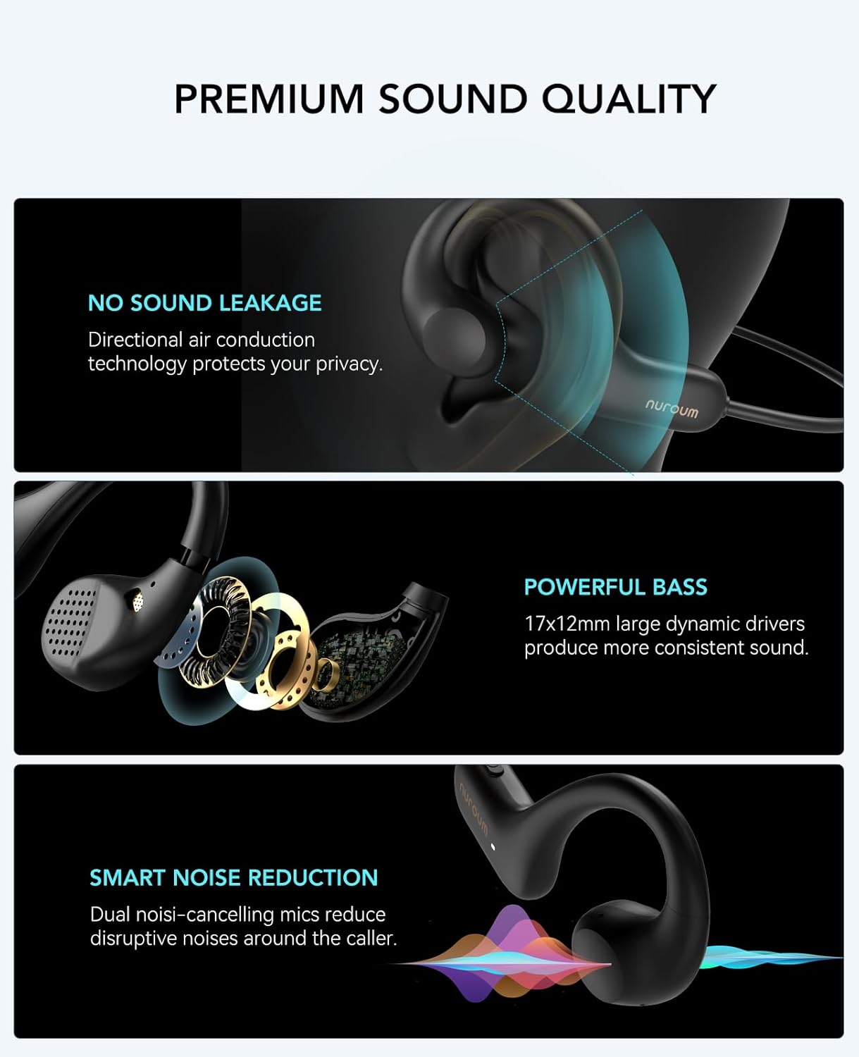 Nuroum OW10 Open Ear Headphones, Bluetooth 5.3 Sports Headphones Wireless with Air Line, IPX6 Waterproof, Noise Cancellation, 10H Runtime, Wireless Headphones for Running, Jogging, Driving