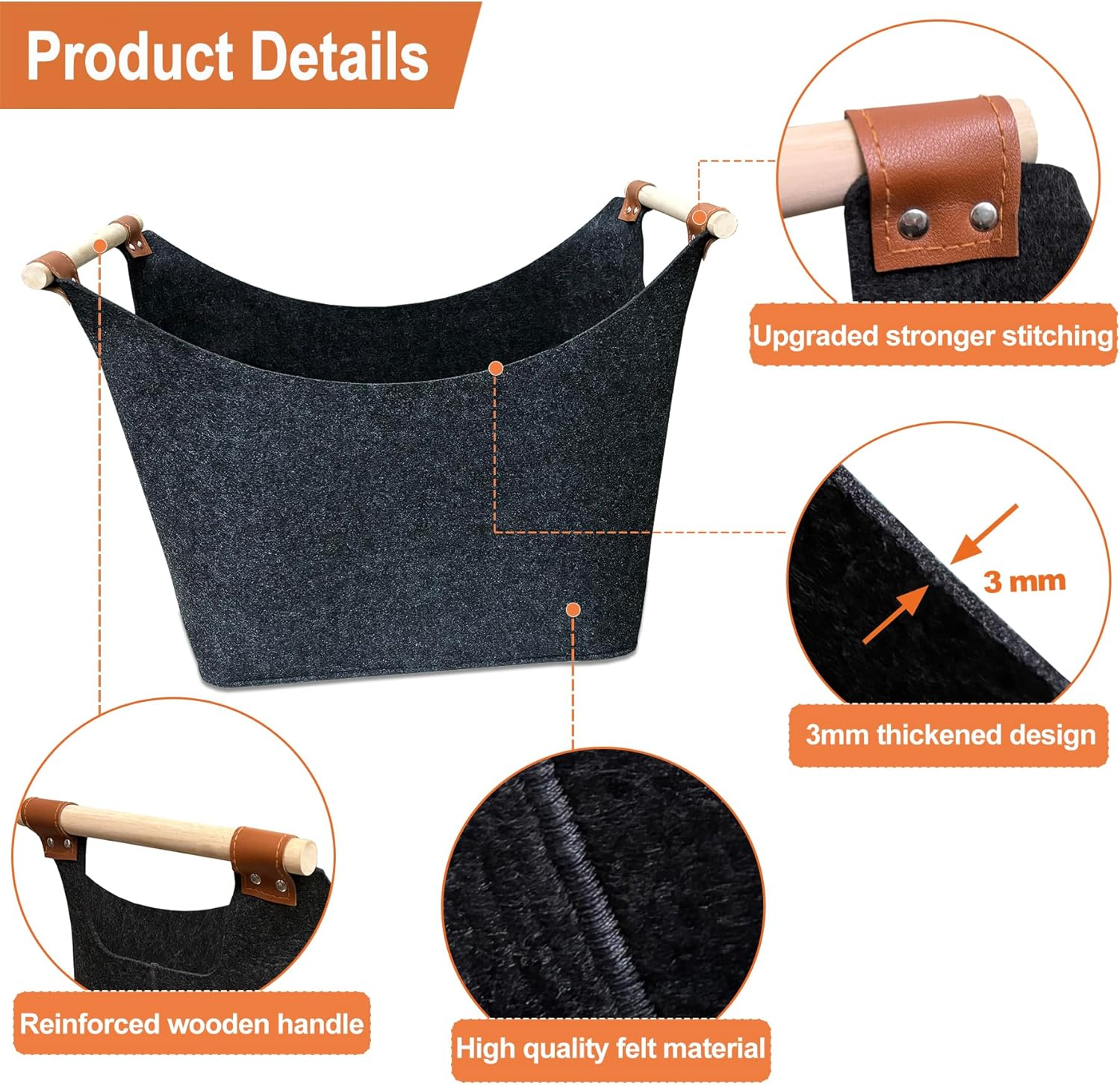 Log Basket, XL Felt Firewood Baskets Extra Thick and Foldable Log Basket for Wood Burner Indoor with Extended Handles for Fireplace Accessories, Shopping, Books, Toy, Clothes image number 2