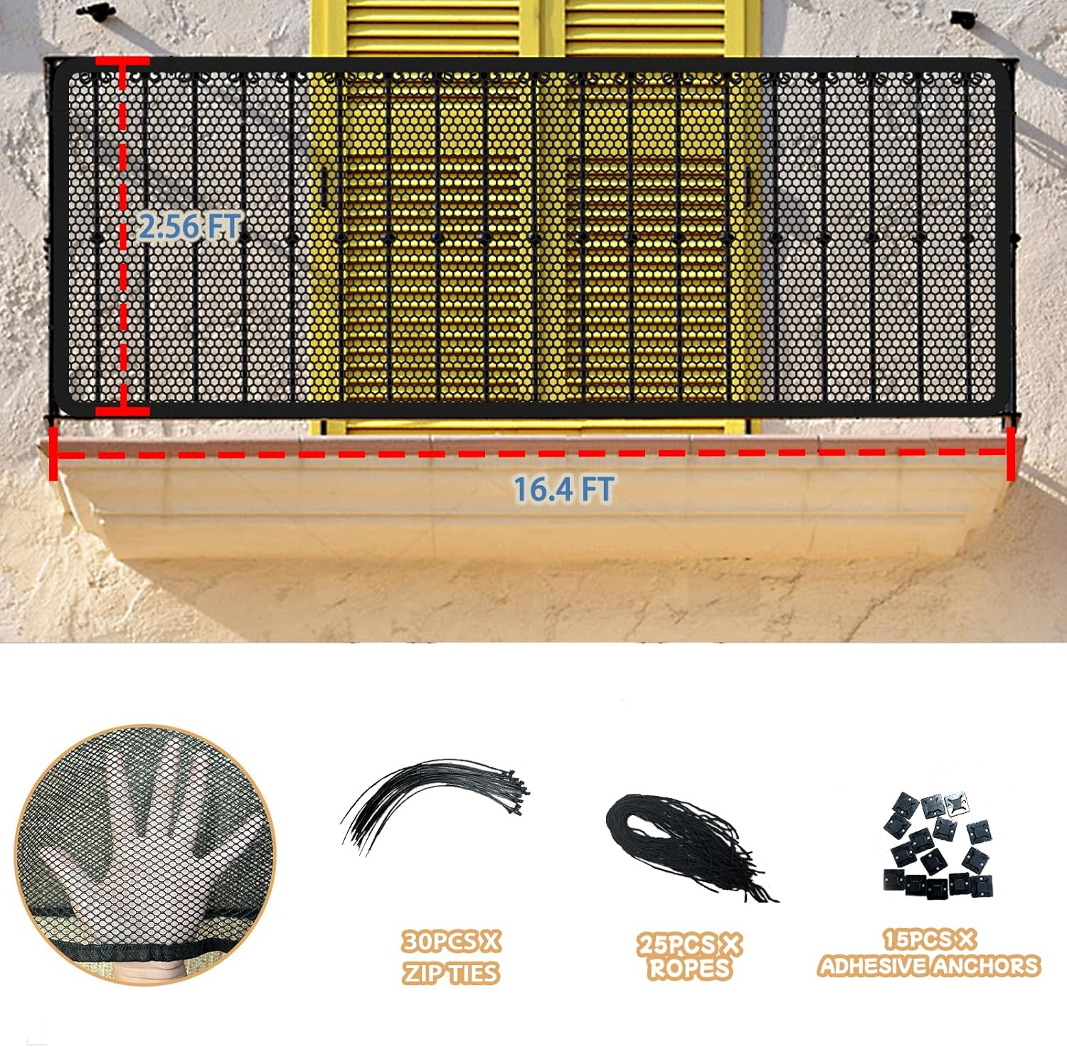 Stair Netting Child Safety Net, Baby Gate for Stairs with No Drilling, Stairway Net, 16.4 Ft L X 2.56 Ft H, Banister Guard, Balcony Banister Stair Net for Child, Small Pet,Toy- Indoor & Outdoor(Black) image number 6