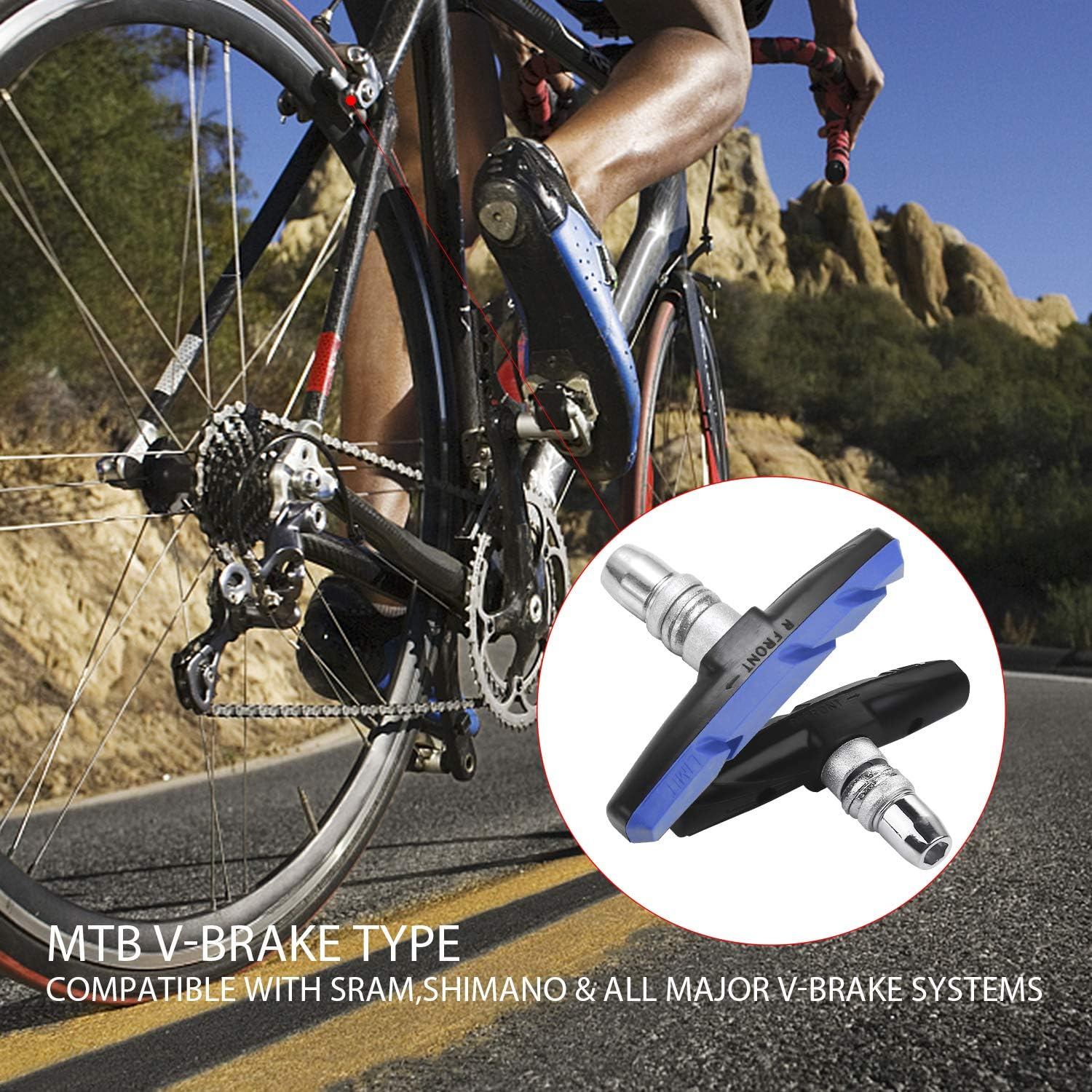 Bike Brake Pads Brake Kit Brake Shoes Pads Cable Guide Protector 8 in One 70Mm Bicycle V-Brake Pad Set Work with All Shimano Sram MTB V-Brake System 2Pairs(4Pcs) - Black image number 3