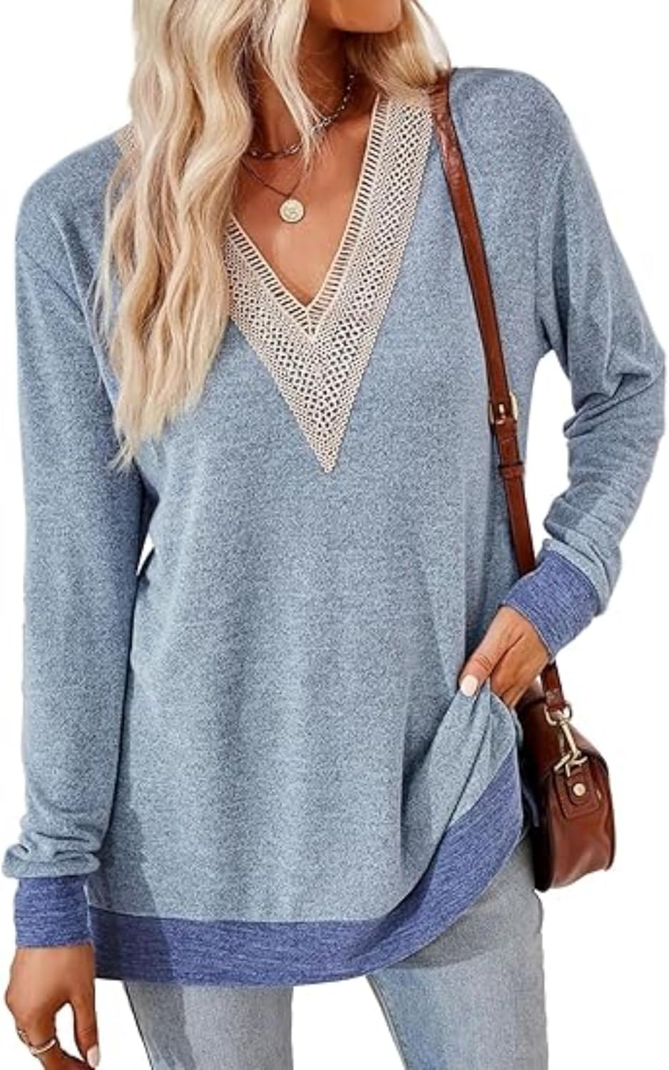 Womens Long Sleeve Shirts V-Neck Lace Tops Women'S Tops Long Sleeve V-Neck Shirts Fall Tops for Women Lace Shirt. image number 6