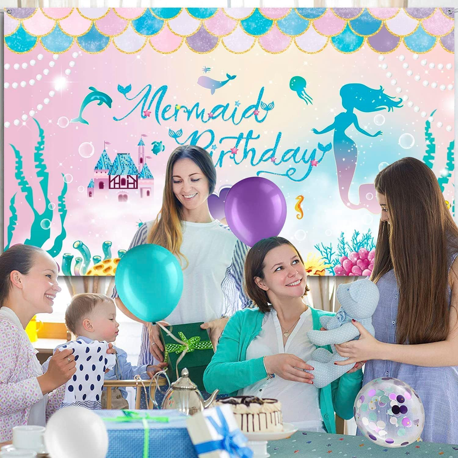 Stibest under the Sea Mermaid Birthday Party Backdrop Girl Princess Mermaid Scales Photo Booth Banner, Purple Blue, Polyester, 72.8 X 43.3 Inch