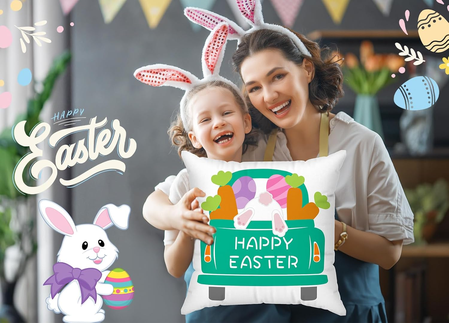 Minetom Easter Pillow Covers 18X18 Set of 4 Easter Decorations for Home Bunny Truck Hello Peeps Hip Hop Colorful Pillows Easter Decorative Throw Pillows Spring Easter Farmhouse Decor image number 5