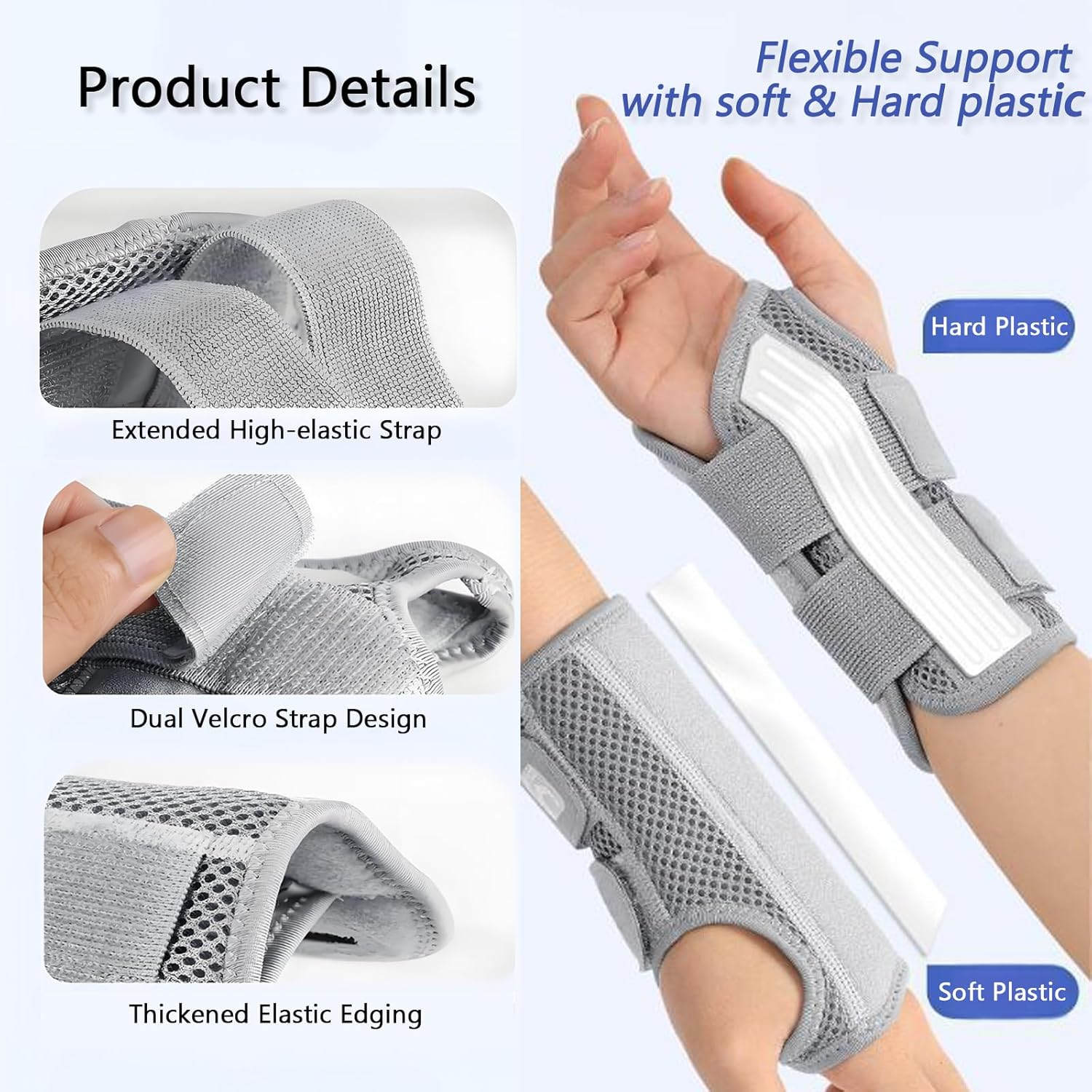 Wrist Support, Carpal Tunnel Wrist Brace for Left & Right Hand, Adjustable Compression Wrist Band for Tendonitis, Arthritis, Wrist Pain Relief, Thumbs Support for Rehabilitation (Left Hand-Gray) image number 6