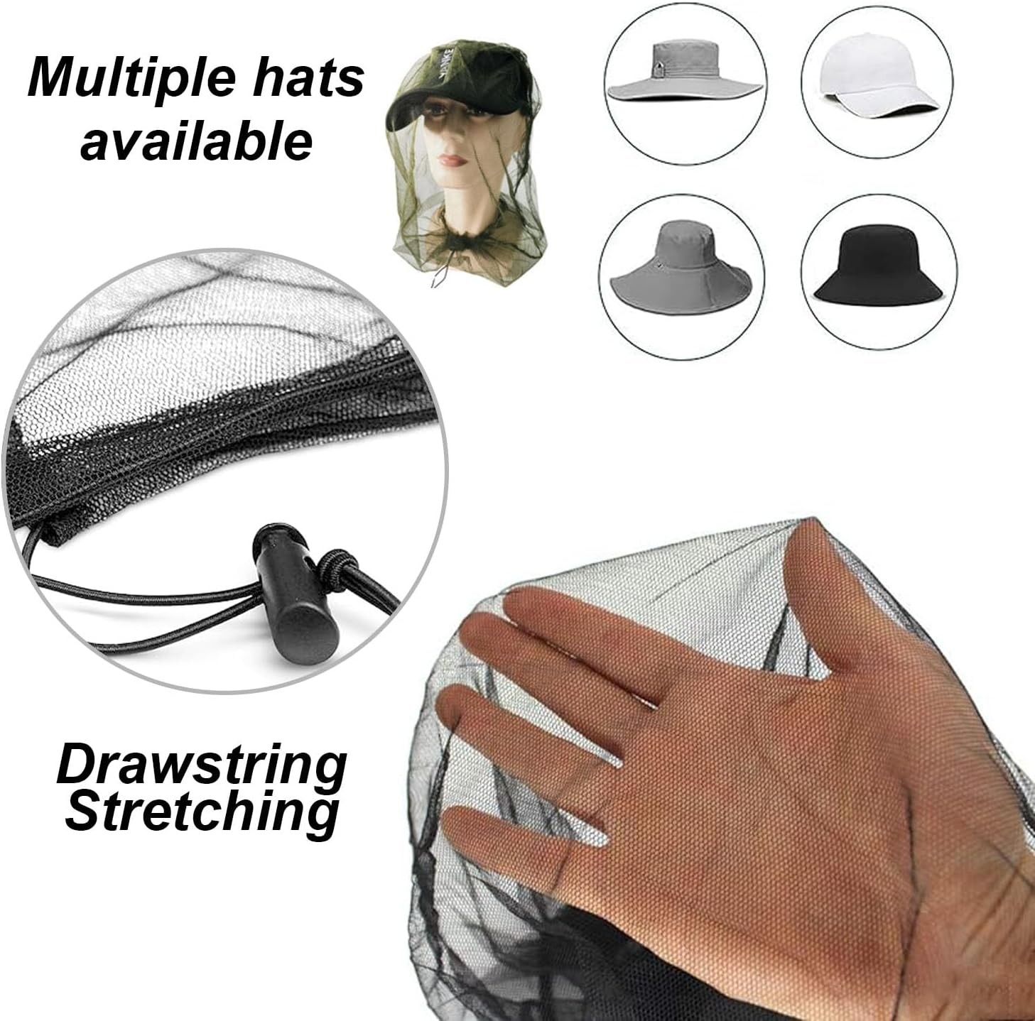 2 PCS Mosquito Head Net Mesh with Drawstring,Mosquito Net Hat Bug Net Face Neck Cover, Outdoor Hiking Camping Climbing Mosquito Fly Insects Bugs Preventing,Universal Size (Green & Black)