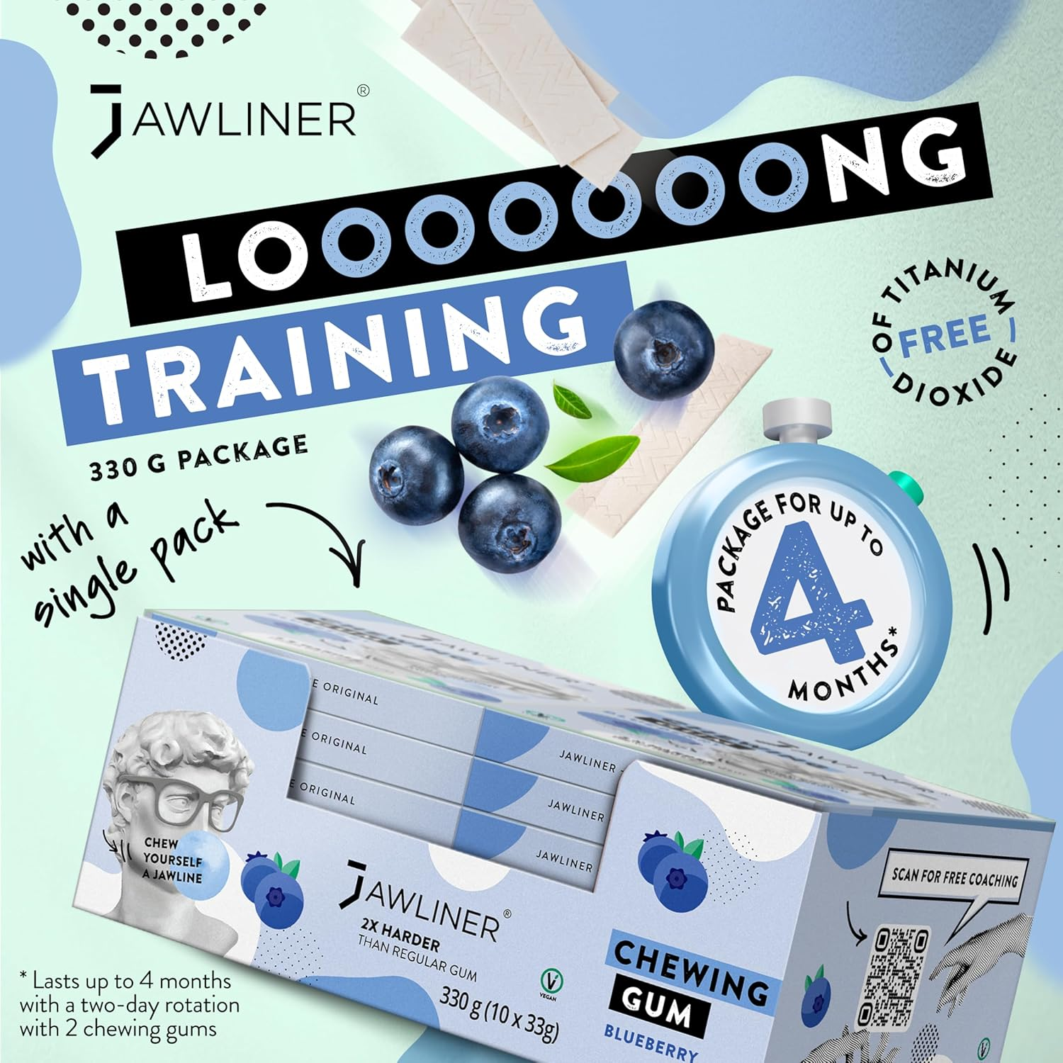 Jawliner&reg; Hard Jawline Chewing Gum - Sugar Free Blueberry Tough Jaw Gum - Jaw Exerciser Strong Mewing Jawline Mistic Gum - 2X Harder than Regular Chewing Gum 130 Grams (48 Strips) image number 6