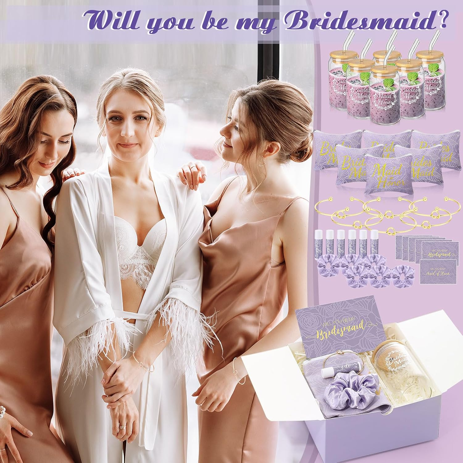 Filltouch 54 Pcs Bridesmaid Proposal Gifts, Maid of Honor Gift Include Wedding Gift Box Makeup Bag Invited Card Glass Cup Lip Balm Scrunchie Bracelet for Bridal Shower Bachelorette Party(Purple) image number 3