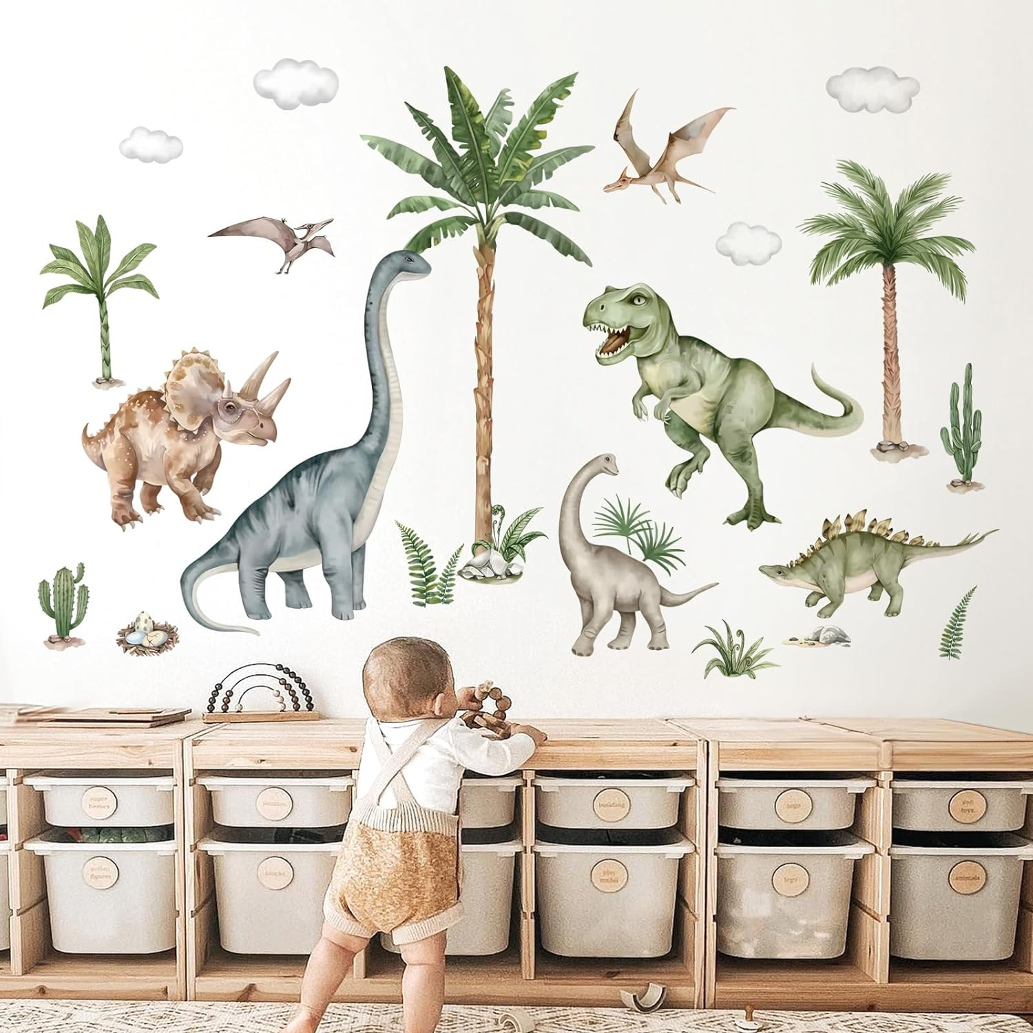 Wondever Large Dinosaur Wall Stickers Tropical Animal Dino Palm Tree Plants Wall Art Decals for Boys Room Baby Nursery Kids Bedroom (164 * 83Cm) image number 3